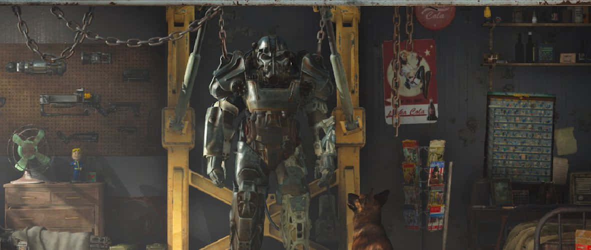 Fallout Characters 桌布 壁紙 — 一件風化的動力裝甲服懸掛在雜亂的工作坊中，一隻狗從下方觀看。
