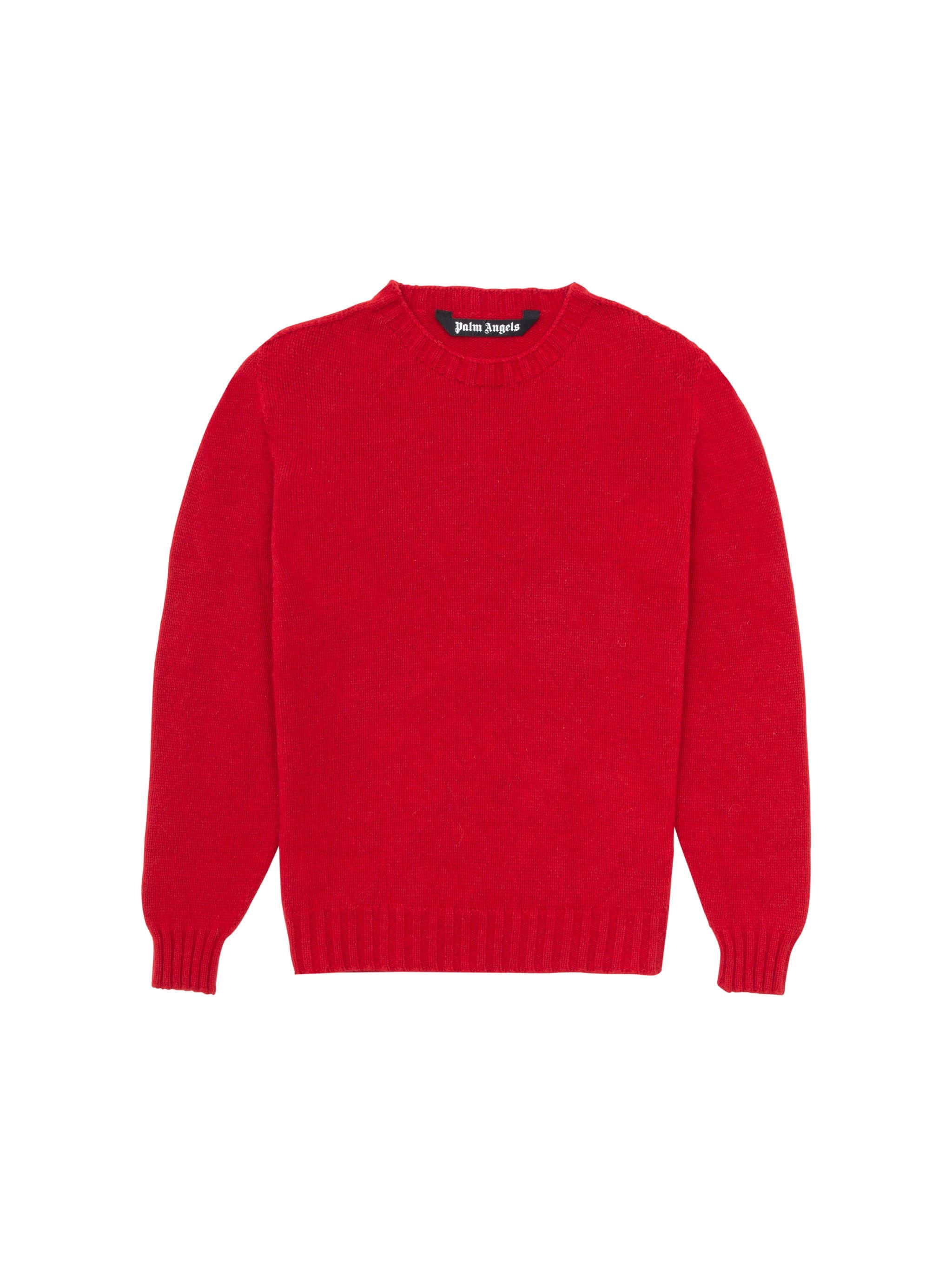 Red Sweater 桌布 壁紙 — 一件鮮紅色針織毛衣，帶有羅紋袖口和下擺，平放在潔淨的白色背景上展示。