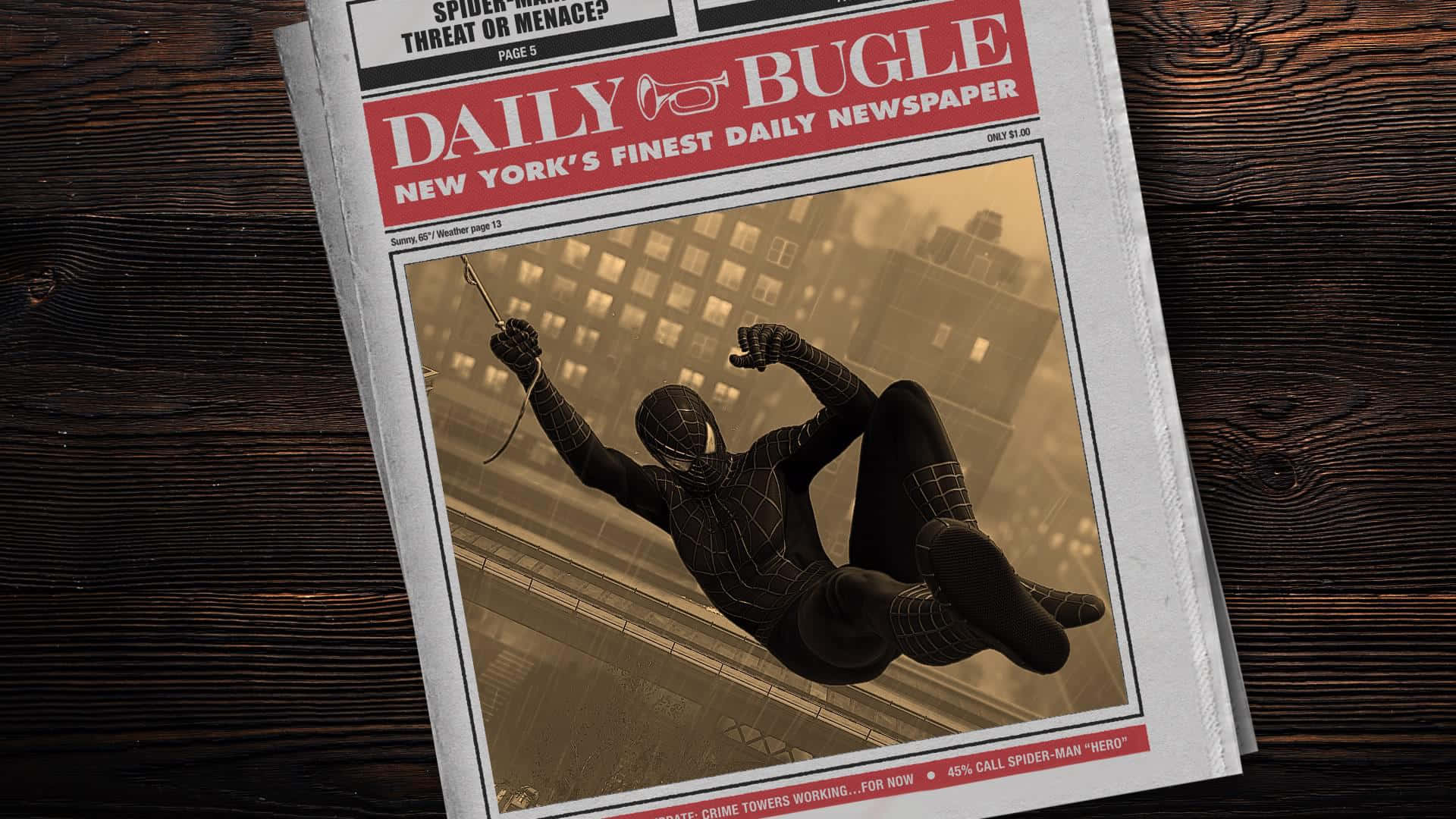  壁紙 — 一份名為《Daily Bugle》的報紙展示了蜘蛛俠在棕褐色背景的城市景觀中擺盪。