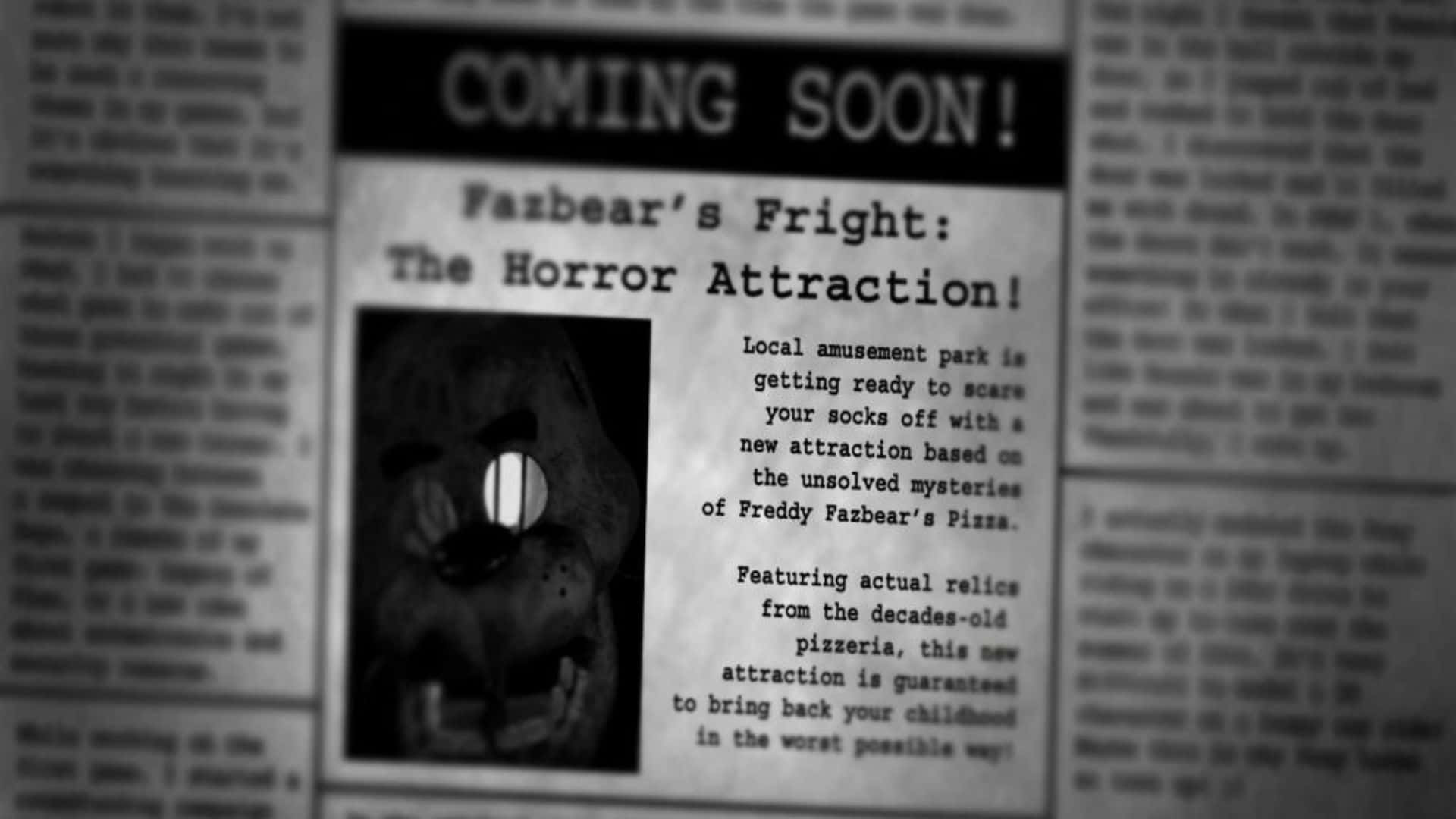 Fazbear Frights 桌布 壁紙 — 一份報紙剪報宣佈Fazbear's Horror Attraction，附有一張黑暗中發光眼睛的模糊照片。