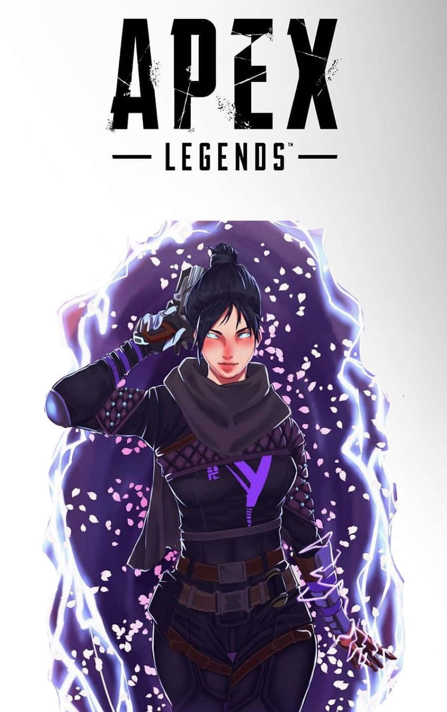 Apex Wraith 桌布 壁紙 — 一位《Apex Legends》女性角色擺好姿勢，周圍環繞著發光的紫色能量和飄舞的櫻花。