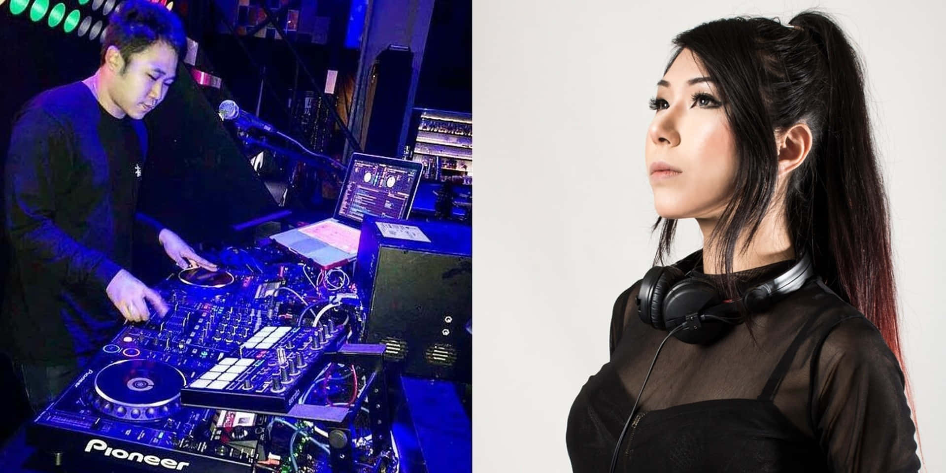 DJ 桌布 壁紙 — 一位DJ在藍色燈光下於Pioneer混音台上混音，而一位戴著耳機的女性在他旁邊若有所思地凝視著。