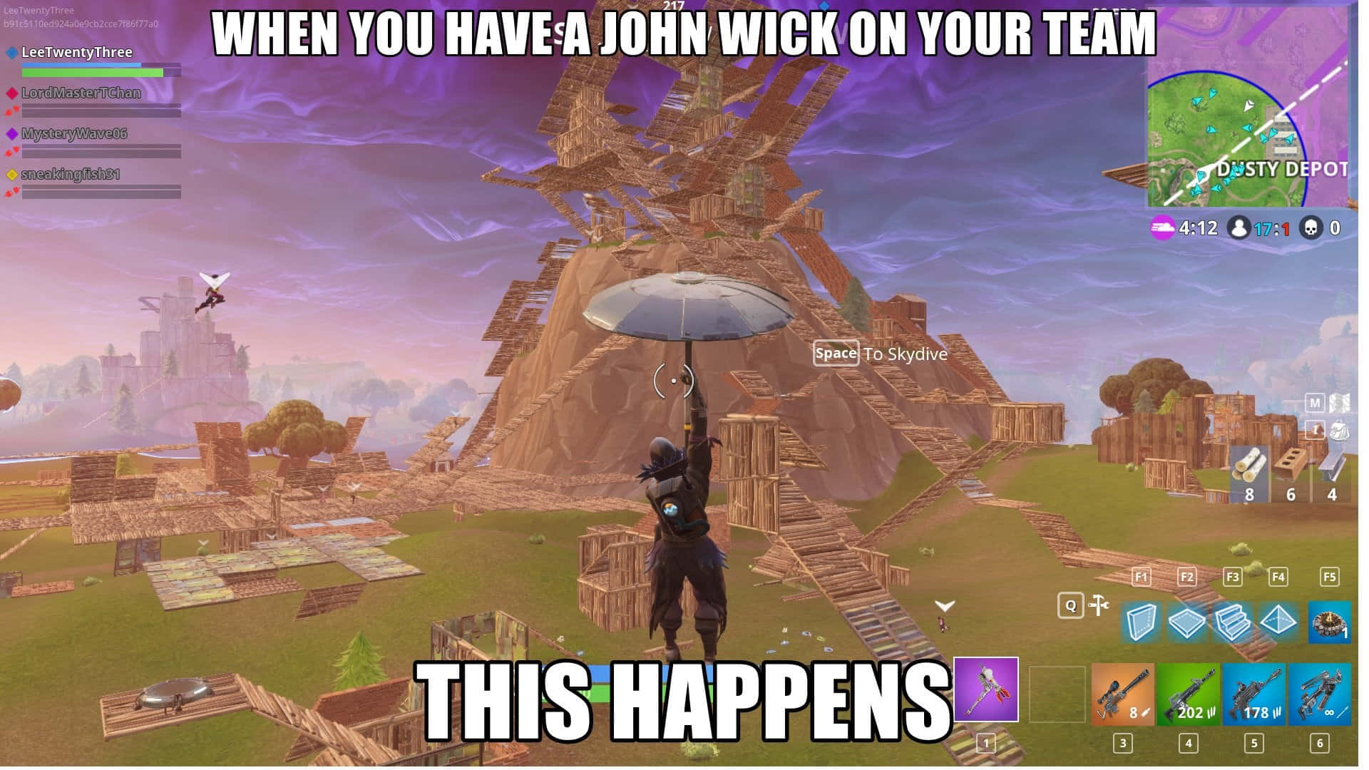  壁紙 — 一位Fortnite玩家在紫色暮色天空下，帶著降落傘跳傘朝向木製結構。