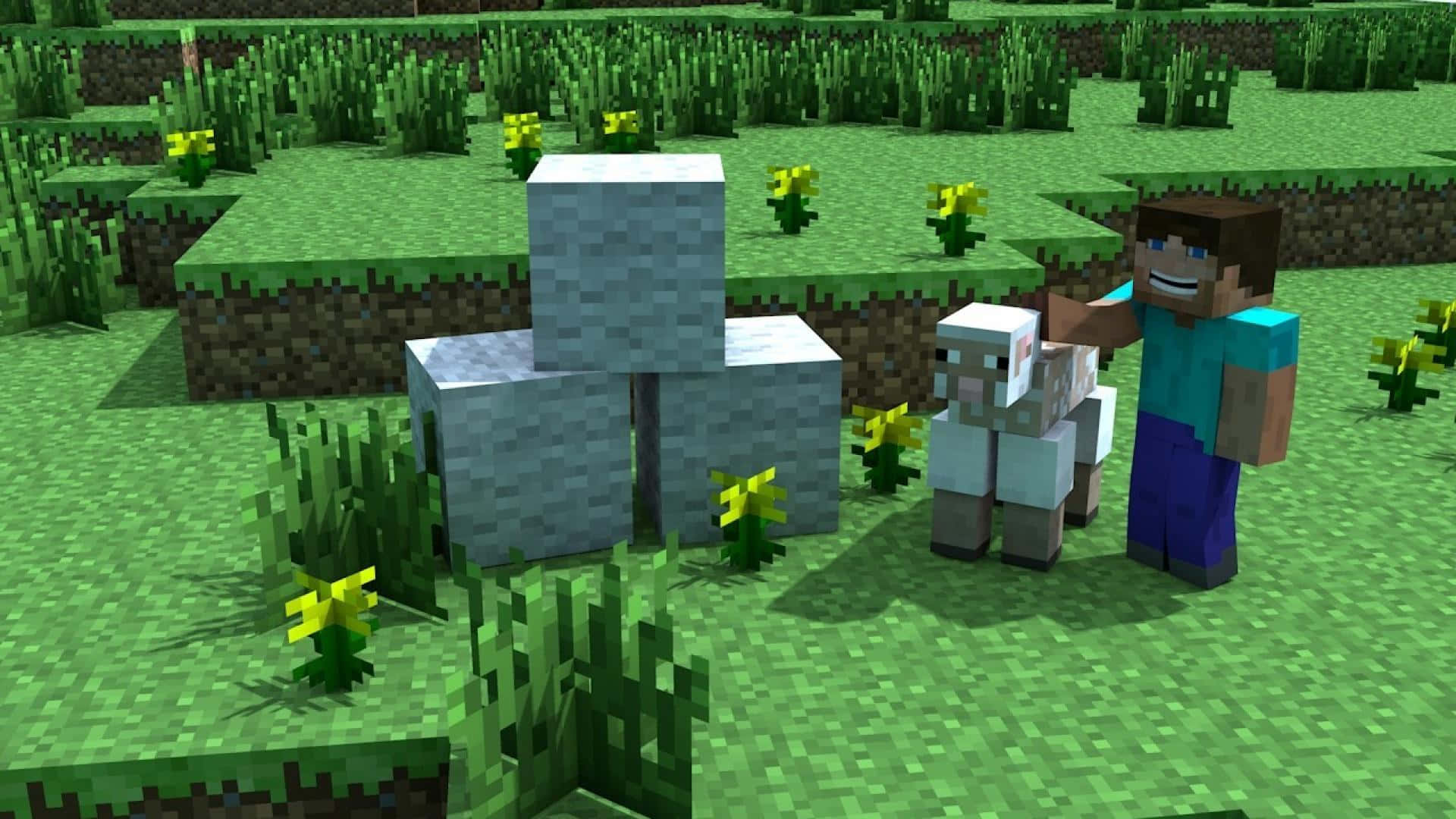 Minecraft Sheep 桌布 壁紙 — 一位Minecraft玩家企喺一隻羊同一個石結構旁邊，喺一個點綴住黃色花嘅草地度。