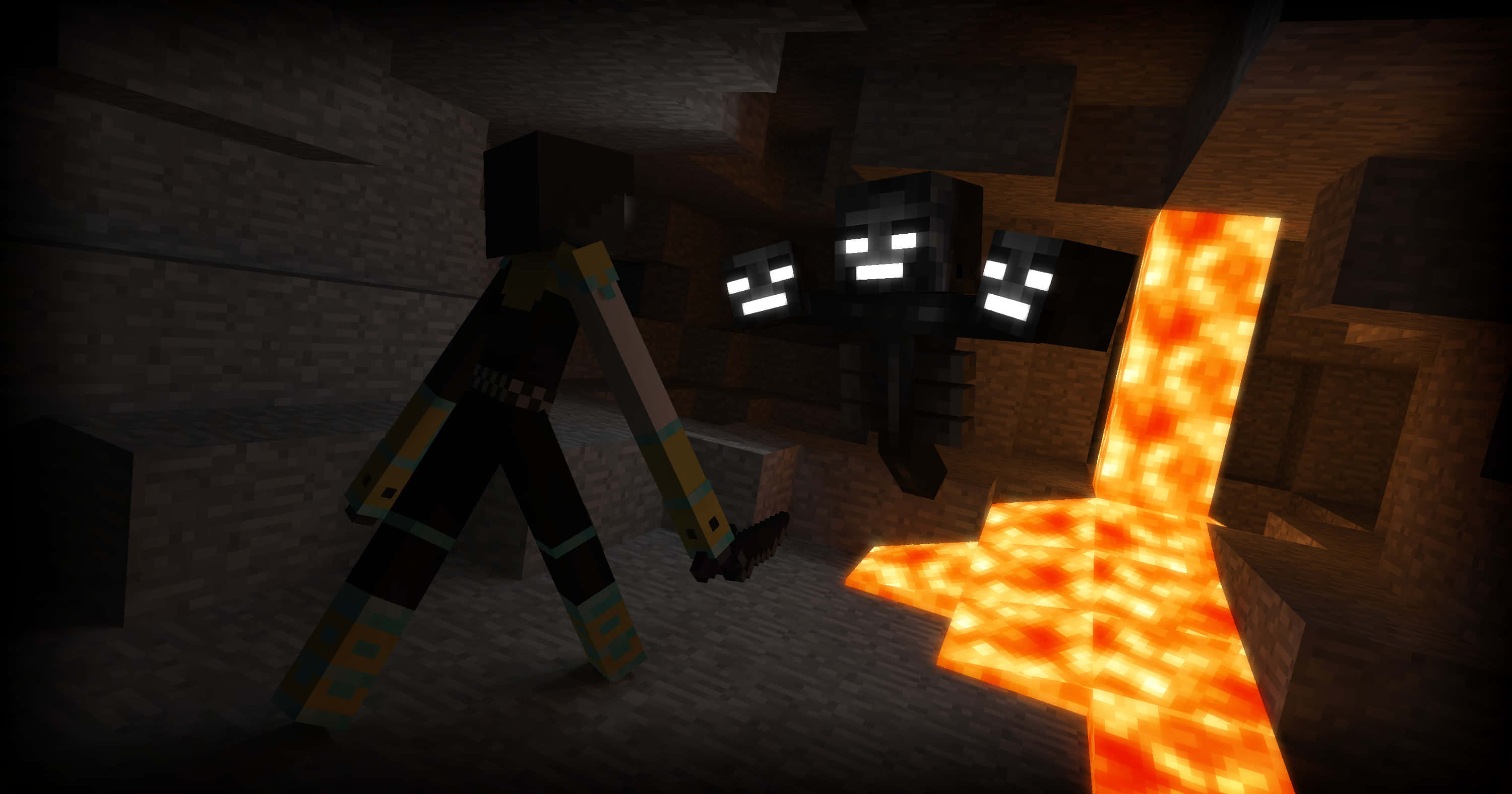 Minecraft Wither Boss 桌布 壁紙 — 一位Minecraft玩家喺一個由發光熔岩照亮嘅昏暗地下洞穴入面面對一隻爬行者。