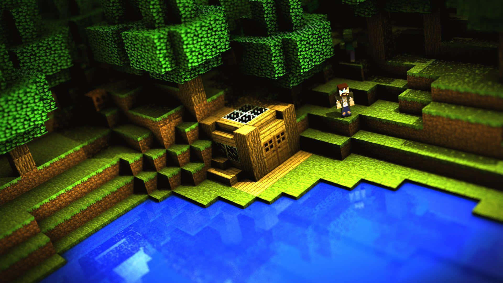 型格 Minecraft 桌布 壁紙 — 一位Minecraft玩家喺像素化樹木同草嘅方塊森林入面，企喺河邊一個木箱旁邊。