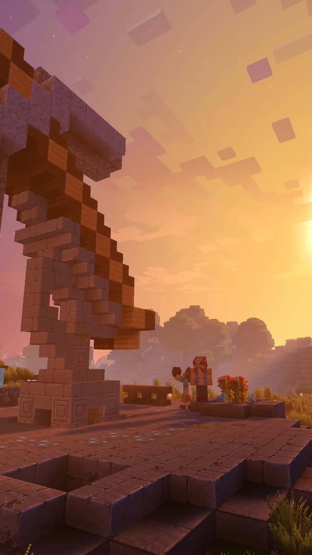 Minecraft Phone 桌布 壁紙 — 一位Minecraft玩家喺金色日落時分企喺一座高聳嘅像素結構前面，遠處有方塊樹木同天空。