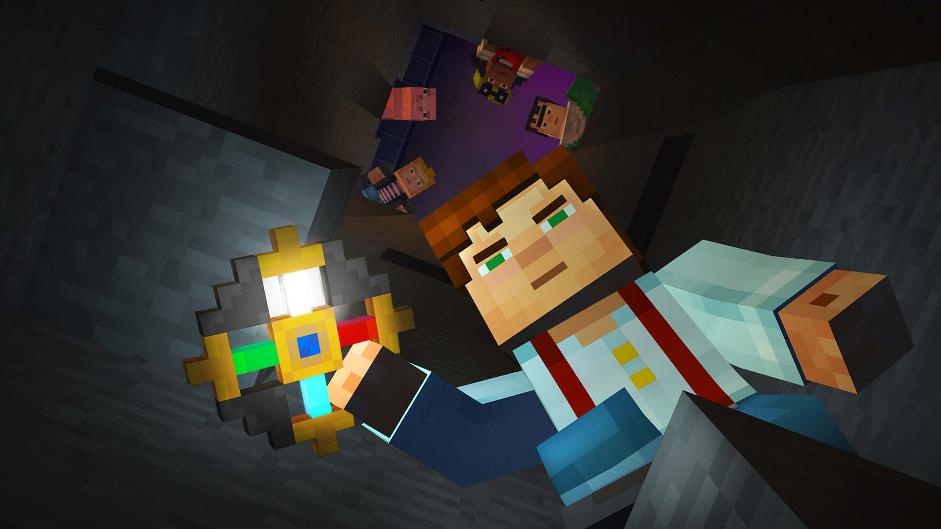 Minecraft Story Mode 桌布 壁紙 — 一位Minecraft玩家喺黑暗地下洞穴入面揸住發光燈籠，附近有其他像素角色。
