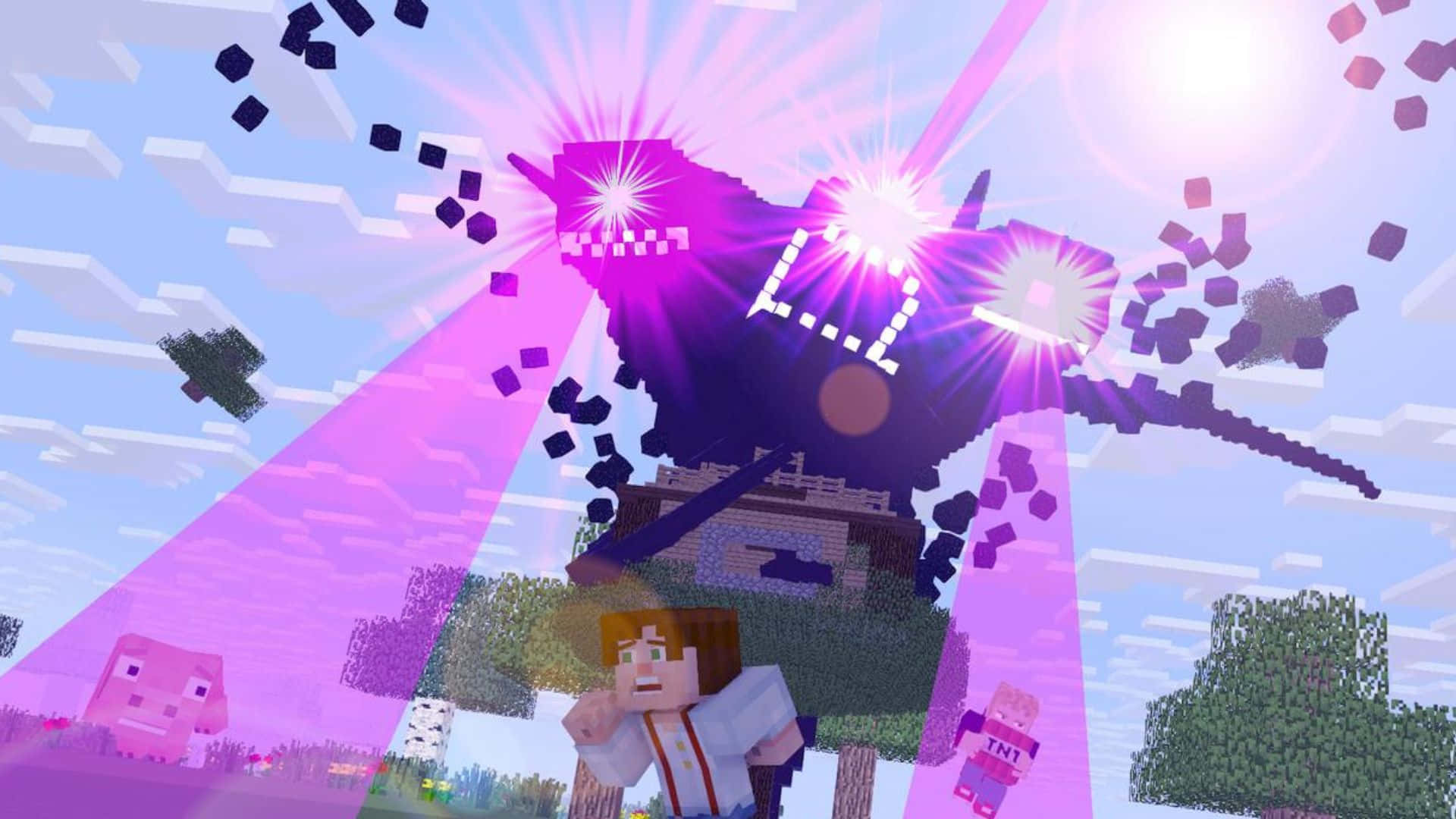 Minecraft Wither 桌布 壁紙 — 一位Minecraft玩家站在一隻巨大的像素龍前，牠在方塊幻想天空中釋放出紫色光束。