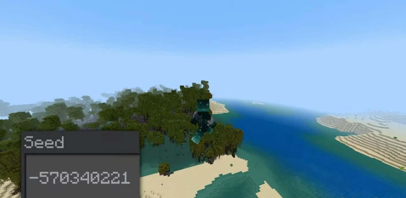 Minecraft Bedrock Edition 桌布 壁紙 — 一位Minecraft玩家站在一個綠意盎然的島嶼上，四周是藍色海洋和沙灘，天空晴朗。