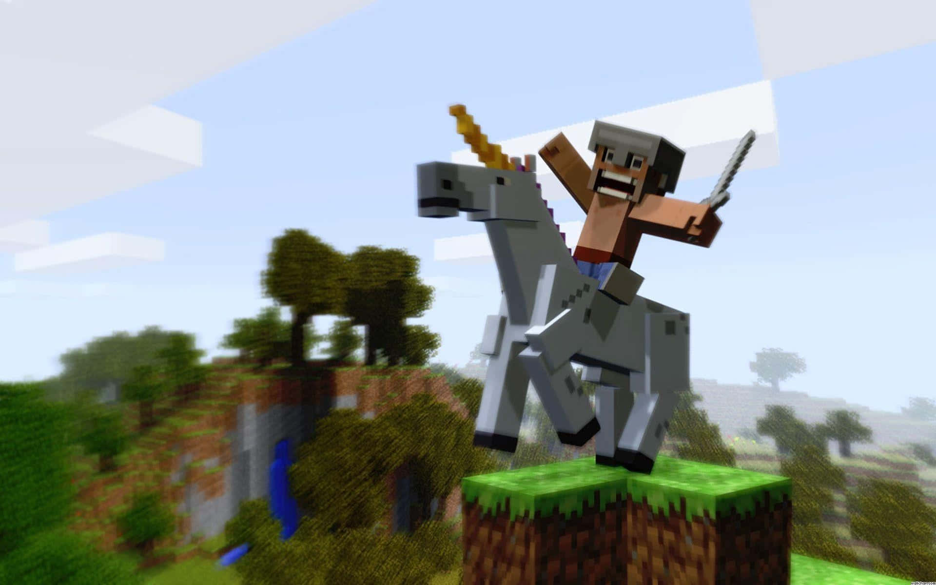 型格 Minecraft 桌布 壁紙 — 一位Minecraft玩家騎著像素獨角獸，越過一個有樹木和藍色河流的方塊草地懸崖。