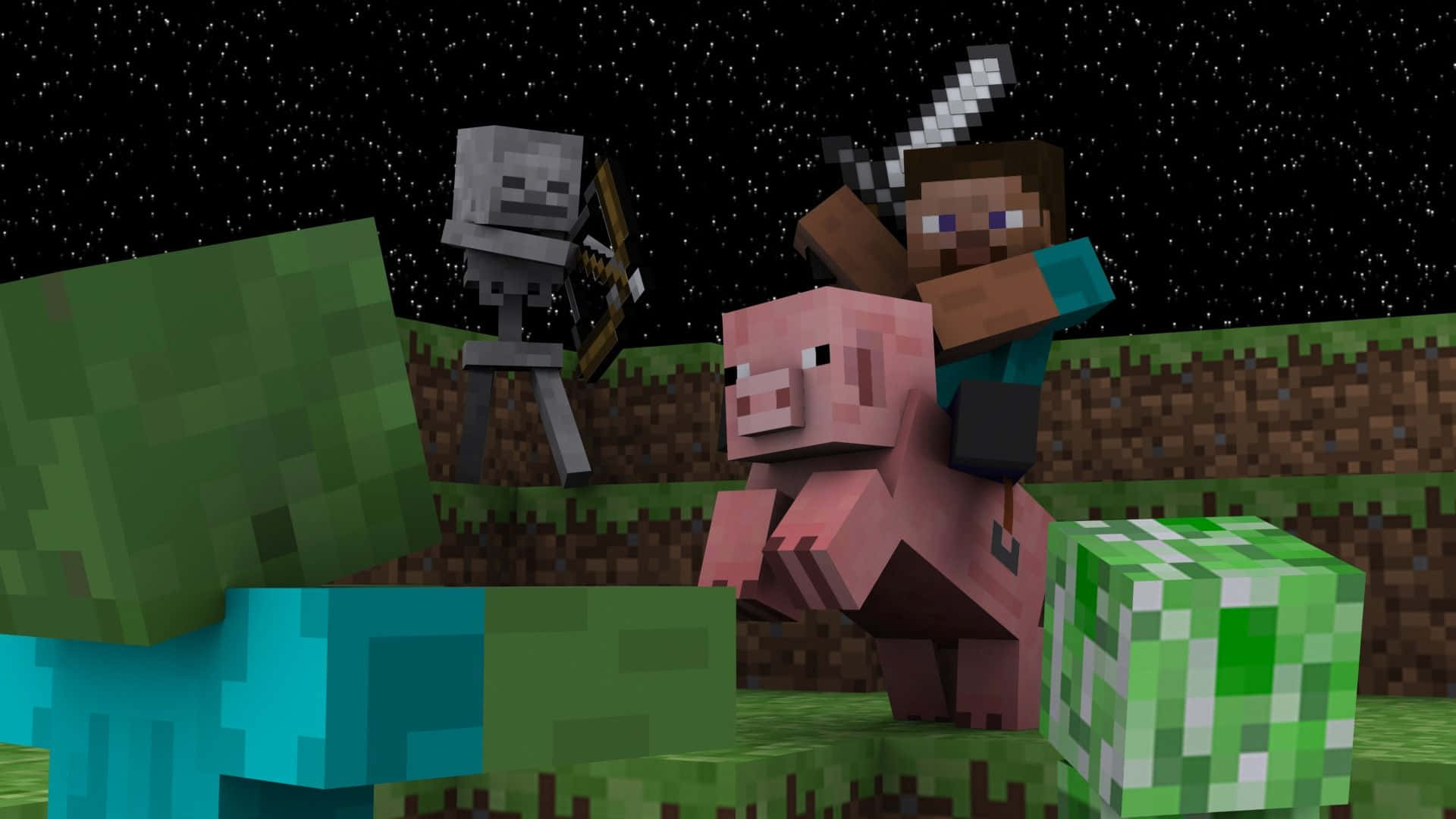 Minecraft Pets 桌布 壁紙 — 一位Minecraft玩家騎著豬，揮舞劍，在星空下與骷髏對峙。