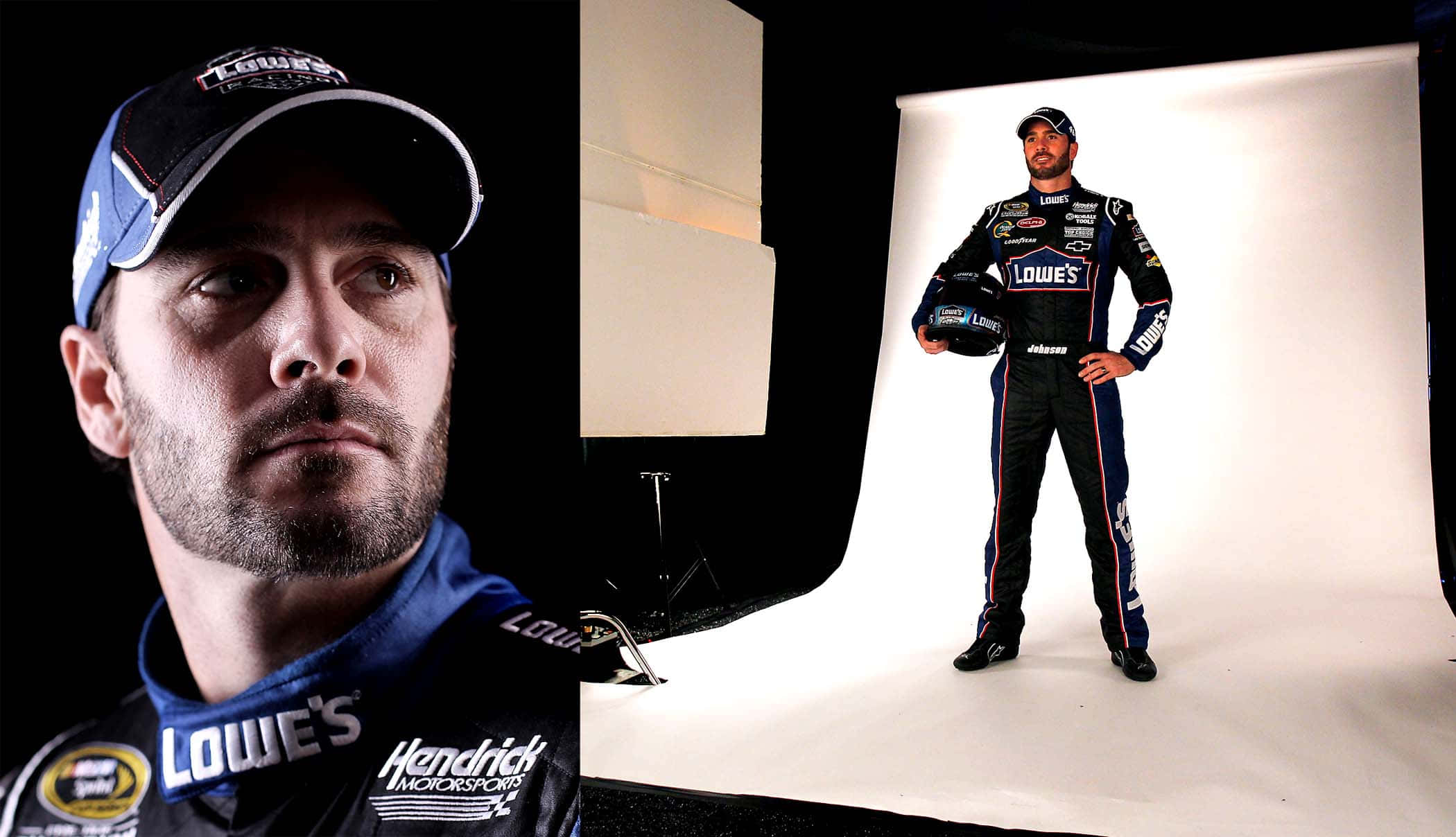 Jimmie Johnson 桌布 壁紙 — 一位NASCAR車手在攝影棚內穿著Lowe's賽車服和帽子擺姿勢，左邊是特寫肖像，右邊是全身照。