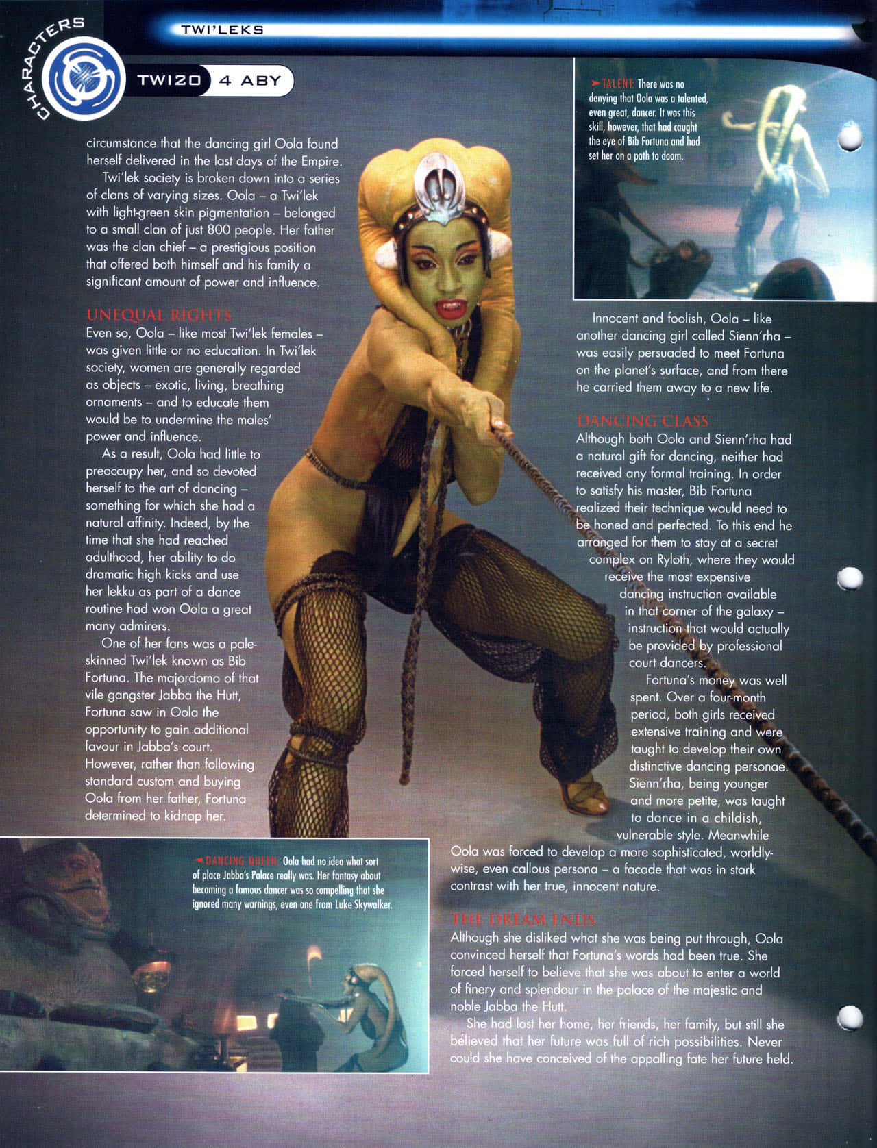 Twi'lek 桌布 壁紙 — 一位Twi'lek舞者戴著華麗的金色頭飾和網狀服裝，在星空太空背景和文字面板前動態擺姿勢。