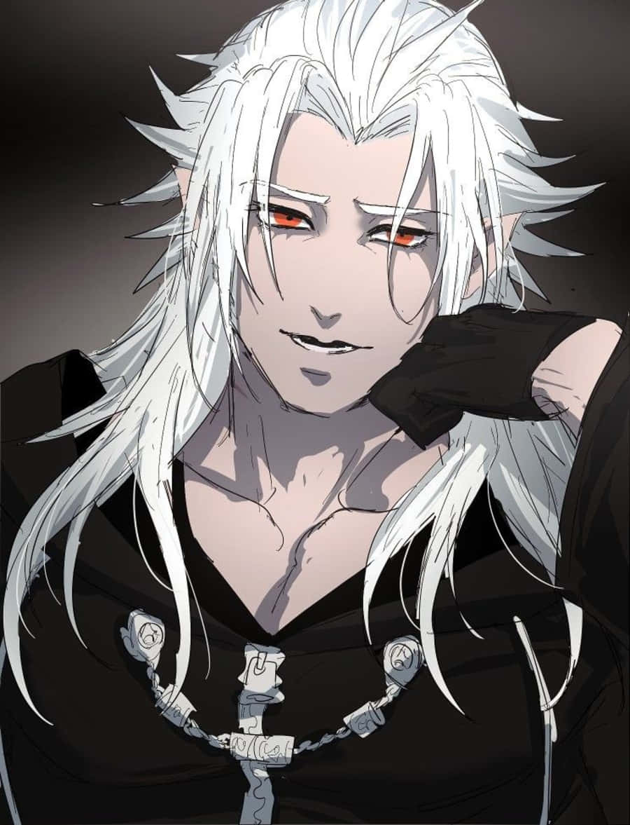 Kingdom Hearts Xemnas 桌布 壁紙 — 一位五官鮮明的動漫男子，擁有尖刺白髮和發光的紅眼睛，身穿黑色服裝，戴著銀鏈項鍊。