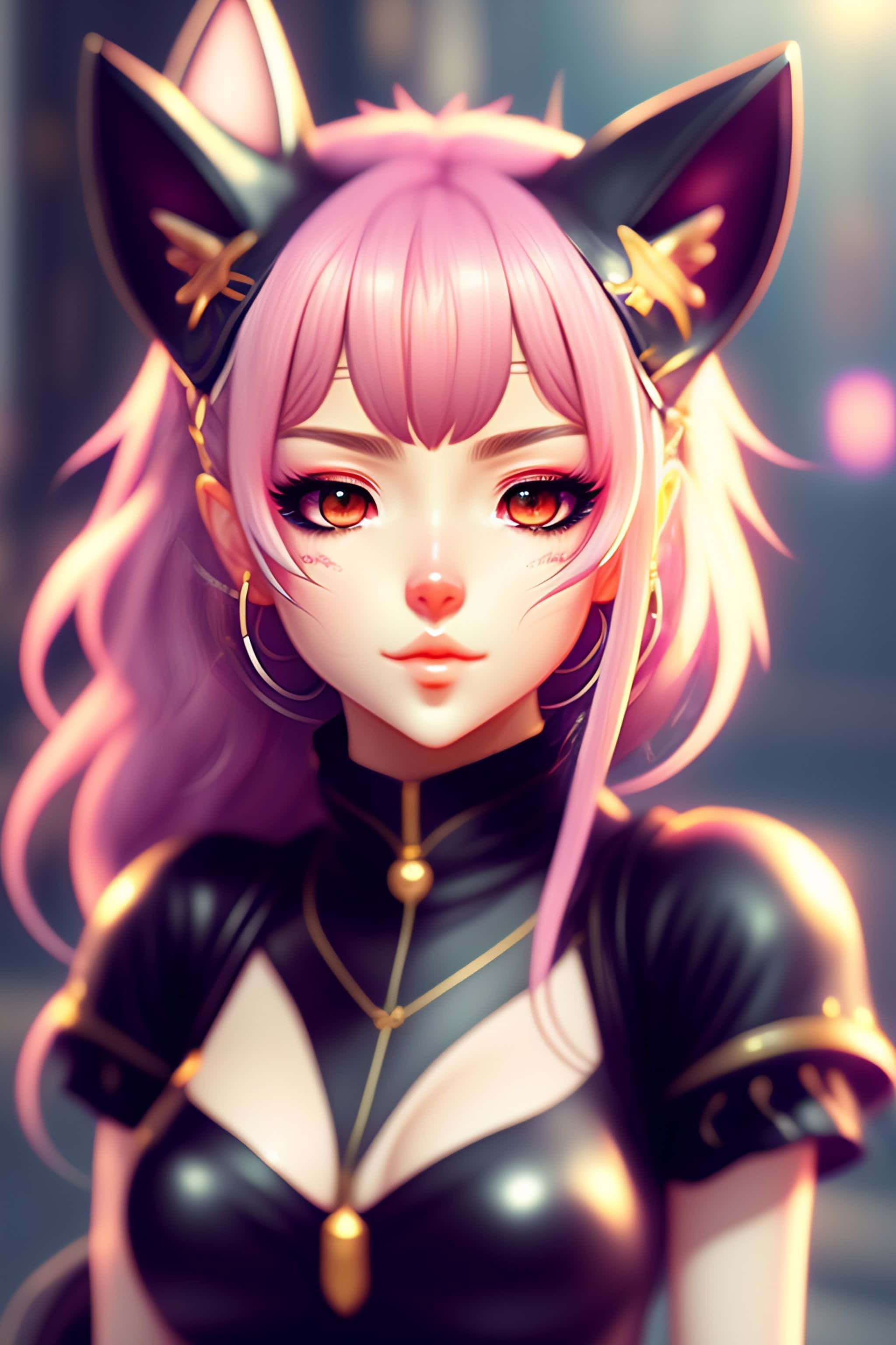 Kuromi Fanart 桌布 壁紙 — 一位令人驚豔的動漫女孩，擁有粉紅色頭髮和貓耳，穿著帶有金色點綴的黑色服裝，在柔和閃爍的燈光下。