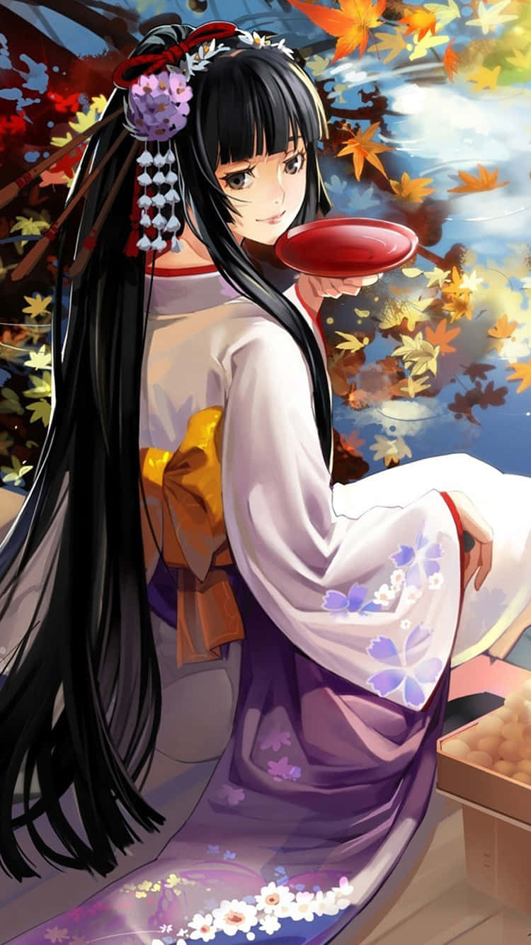 穿著和服的動漫女孩在秋葉下喝茶