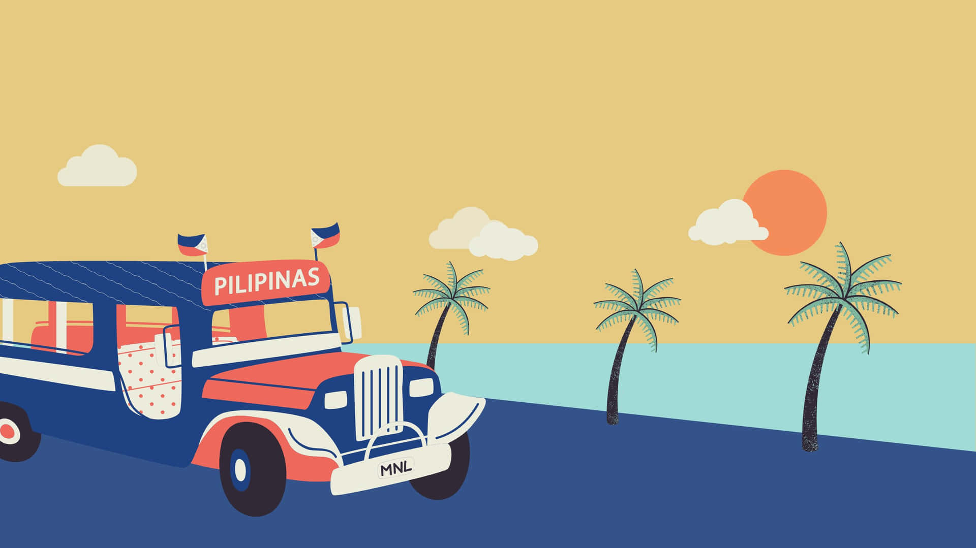 一架紅藍相間的吉普尼，上面有「PILIPINAS」字樣，在日落時分靠近棕櫚樹行駛。