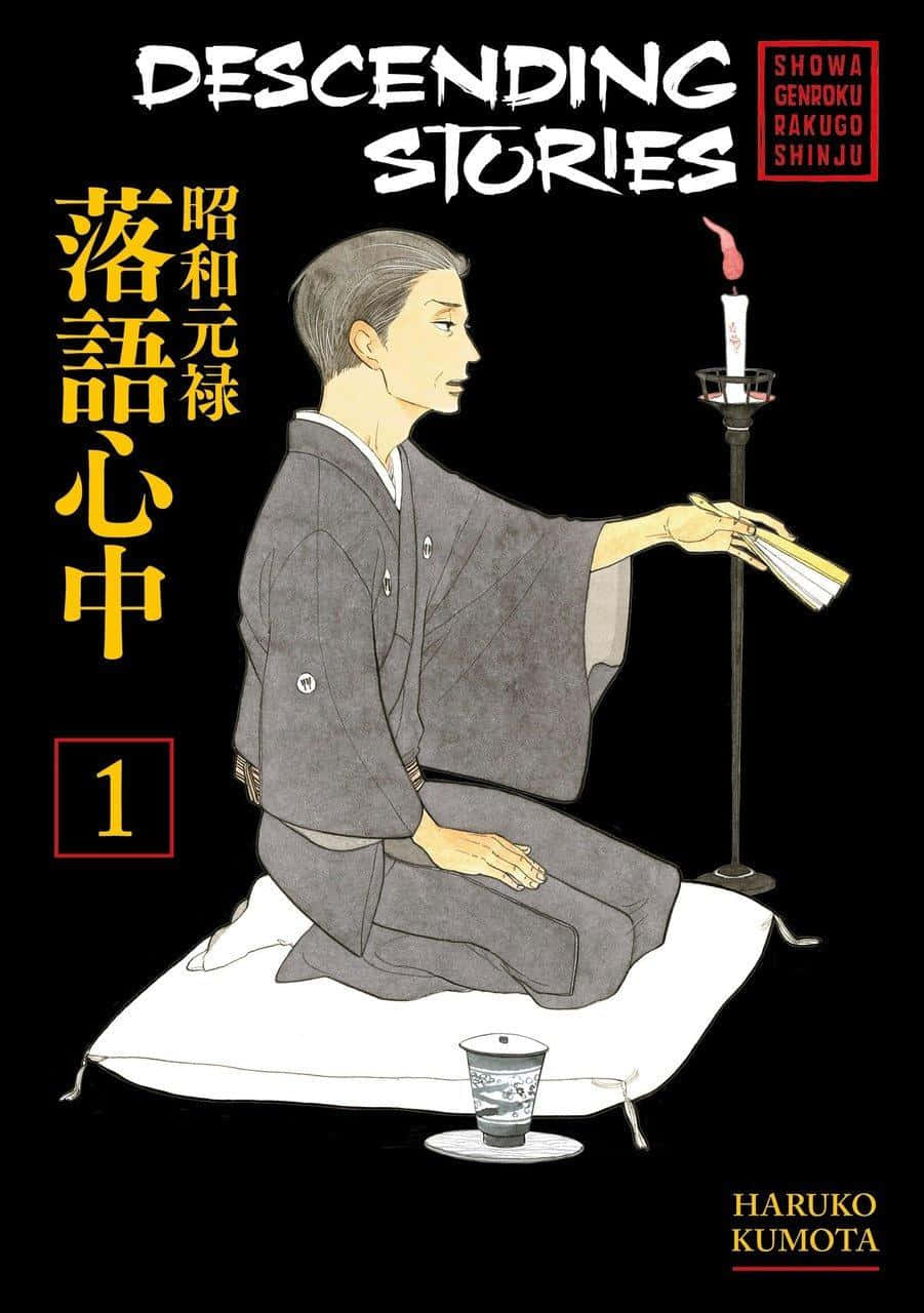shouwa genroku rakugo shinjuu 桌布 壁紙 — 一位傳統的日本落語表演者穿著灰色和服，盤腿坐在白色坐墊上，手持扇子，旁邊一支蠟燭在搖曳。
