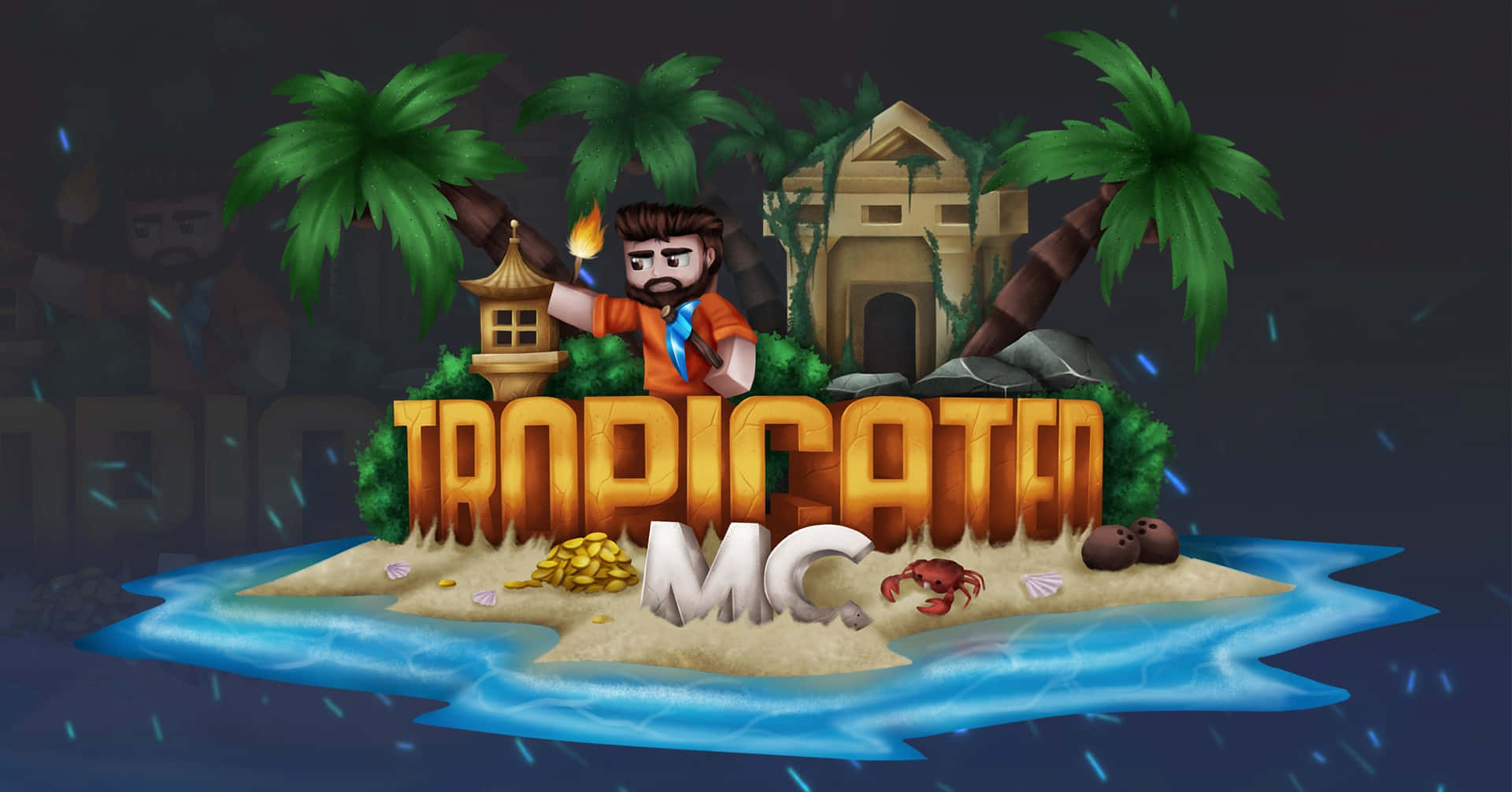 Minecraft Server 桌布 壁紙 — 一位像素藝術冒險家在熱帶島嶼上舉著火炬，周圍環繞著棕櫚樹和發光的水面。