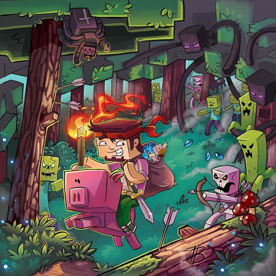 Minecraft Art 桌布 壁紙 — 一位像素藝術冒險家騎著豬穿過叢林，同時用燃燒的火把與殭屍群和蜘蛛戰鬥。