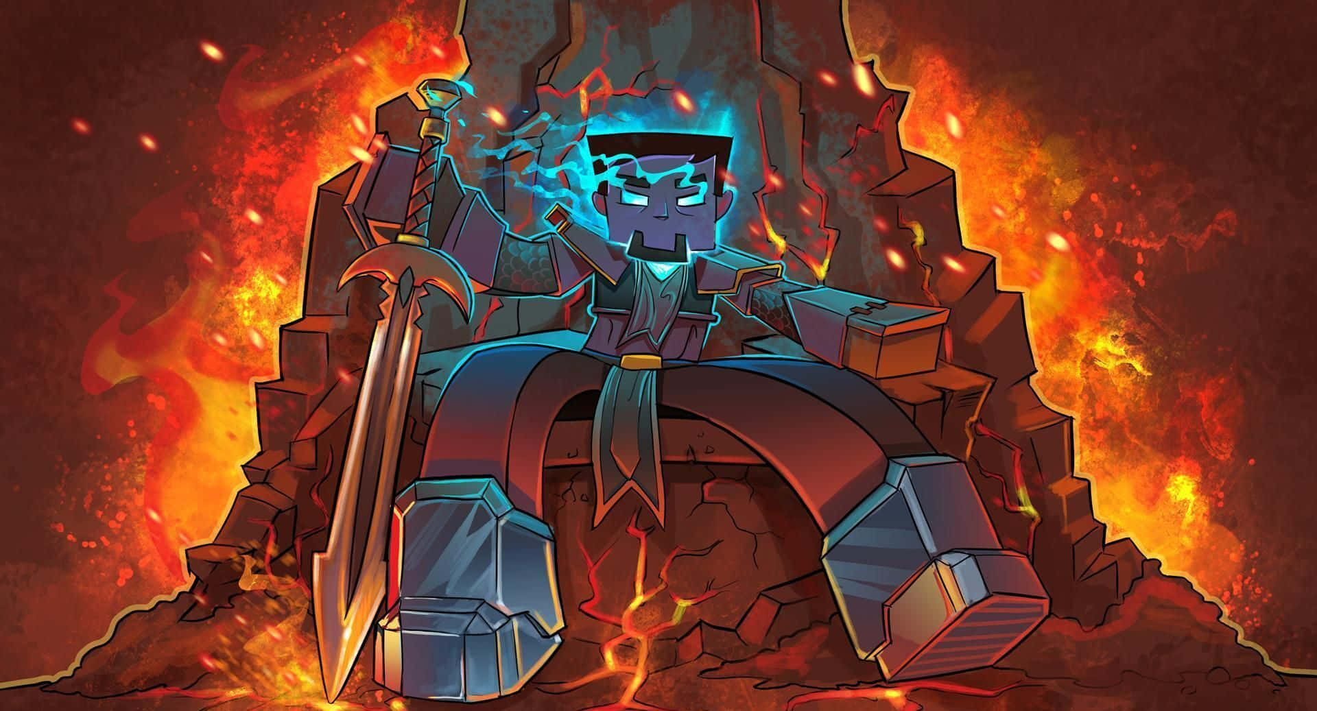Minecraft Youtubers 桌布 壁紙 — 一位像素藝術戰士，擁有發光的藍色眼睛，坐在由裂石組成的王座上，周圍是熾熱的熔岩和餘燼。