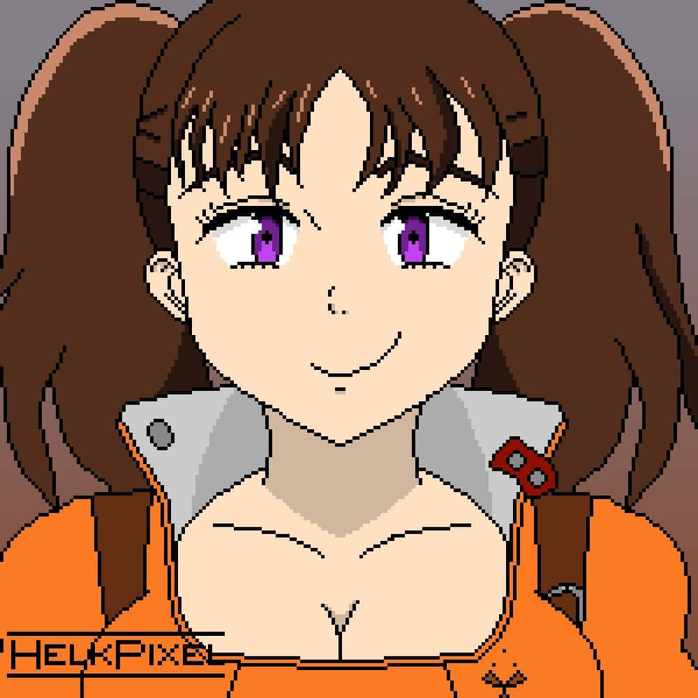 Seven Deadly Sins Diane 桌布 壁紙 — 一位像素風動漫女孩，棕色雙馬尾，紫色眼睛，穿著橙色服裝，溫暖微笑。