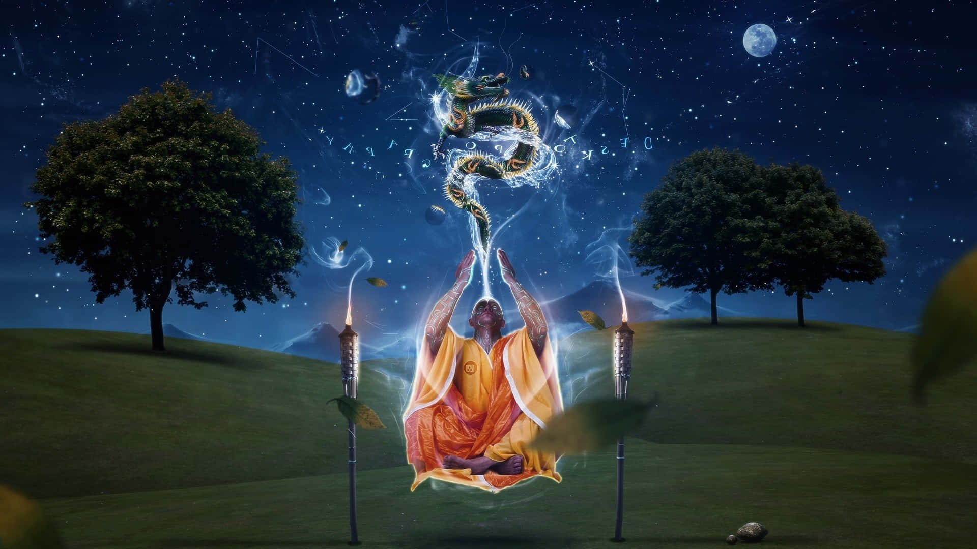 Spirituality 桌布 壁紙 — 一位僧侶在星空下冥想，一隻發光的龍從他的手中浮現，位於兩個火炬之上。