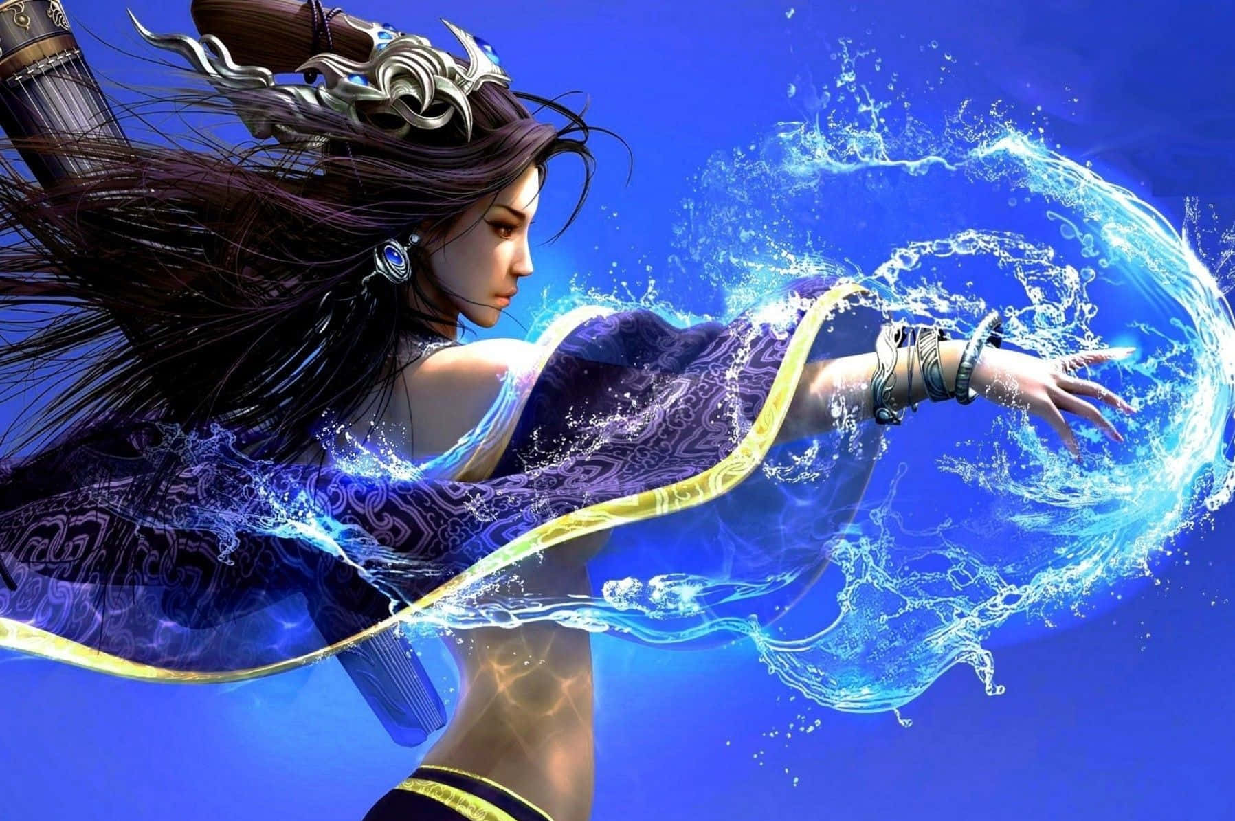 Magic Spell 桌布 壁紙 — 一位優雅嘅動漫女戰士，擁有飄逸嘅深色頭髮，喺純藍色背景前以動態姿勢引導充滿活力嘅藍色水能量。