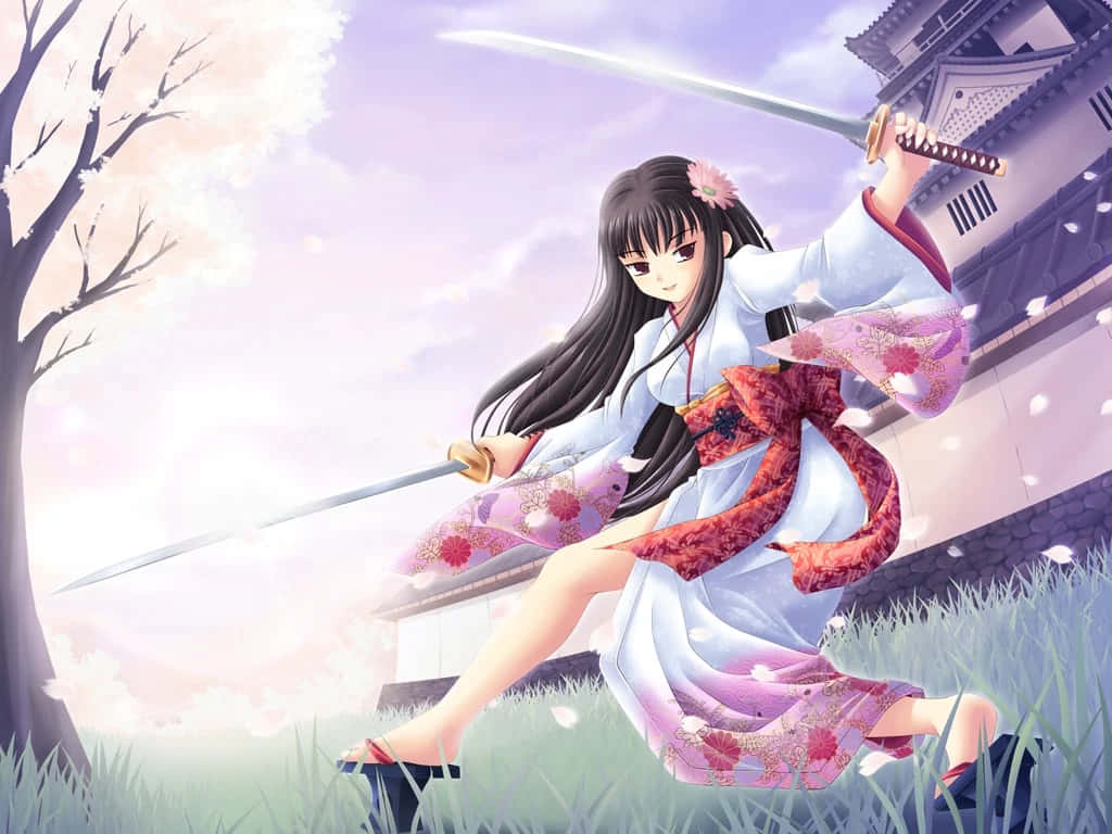 Female Samurai 桌布 壁紙 — 一位優雅嘅動漫少女穿著花卉和服，喺傳統日本城堡前嘅飄落櫻花中揮舞武士刀。