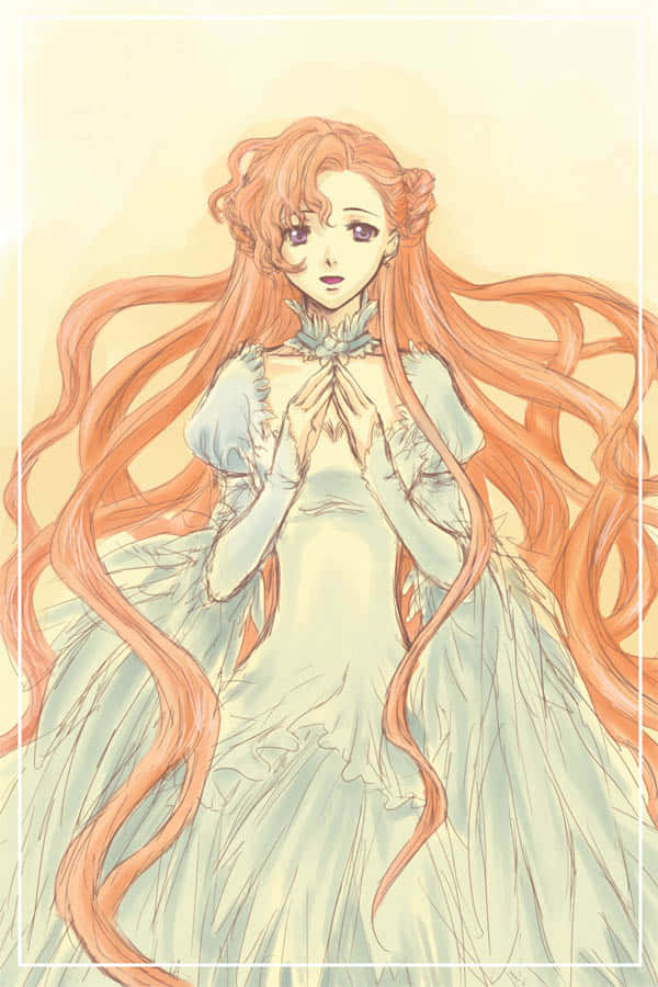 Euphemia Li Britannia 桌布 壁紙 — 一位優雅的動漫女孩，擁有飄逸的橙色頭髮和淡藍色長袍，雙手合十，沐浴在柔和空靈的光芒中。