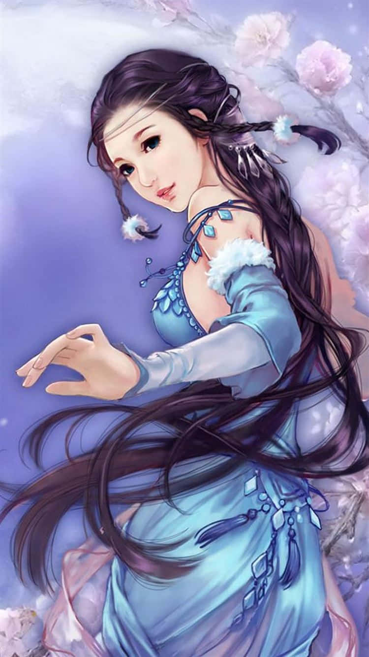 靚靚動畫 桌布 壁紙 — 一位優雅的動漫女孩，長長的黑髮和藍色連衣裙，在薰衣草色的天空下飄浮在柔和的粉紅色櫻花中。