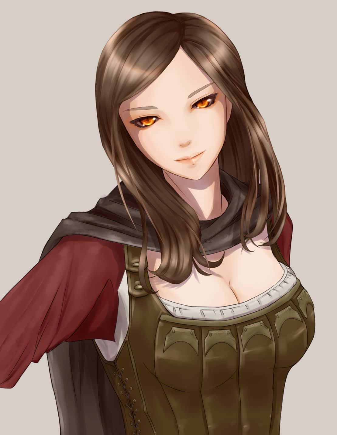 Skyrim Serana 桌布 壁紙 — 一位優雅的動漫女性，琥珀色眼睛，棕色頭髮，穿著紅色襯衫，外搭棕色束腰和深色斗篷。