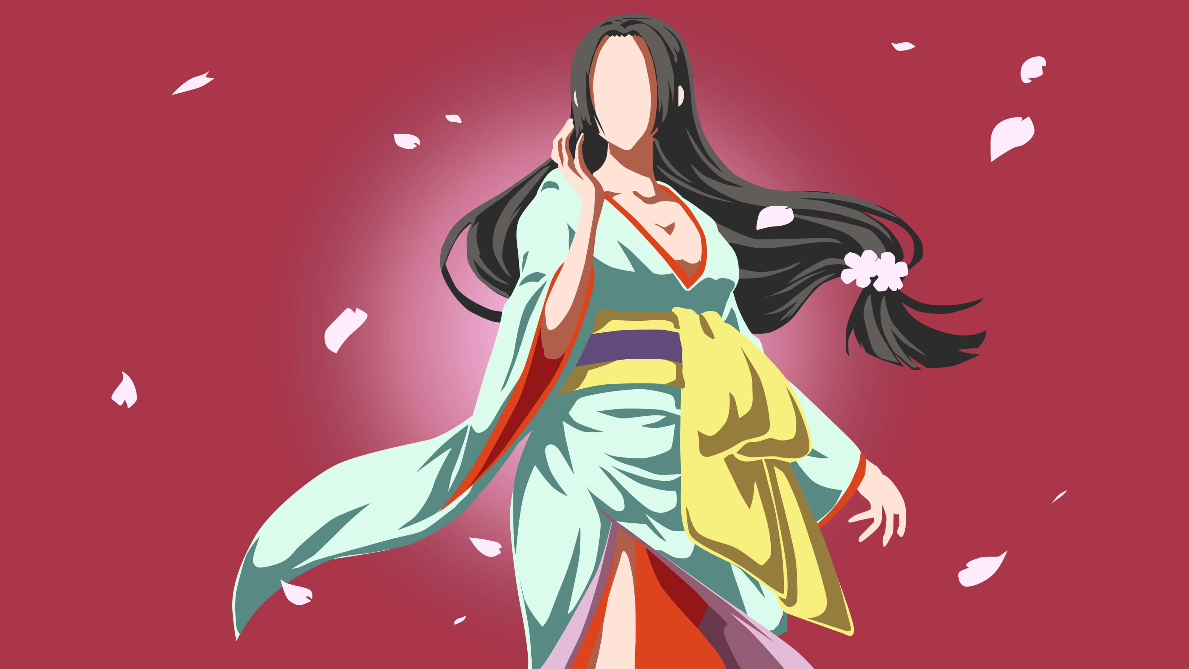 boa hancock 桌布 壁紙 — 一位優雅的動漫女性穿著飄逸的和服，在深紅色背景下於飄落的櫻花中起舞。