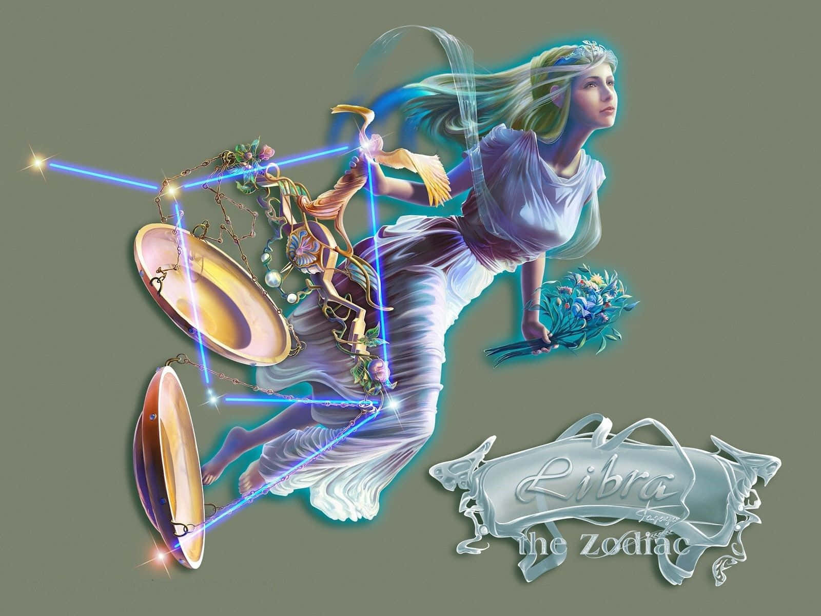 libra 桌布 壁紙 — 一位優雅的天秤座女神，飄逸的秀髮，在柔和的綠色背景下，手持發光的天秤和花束。