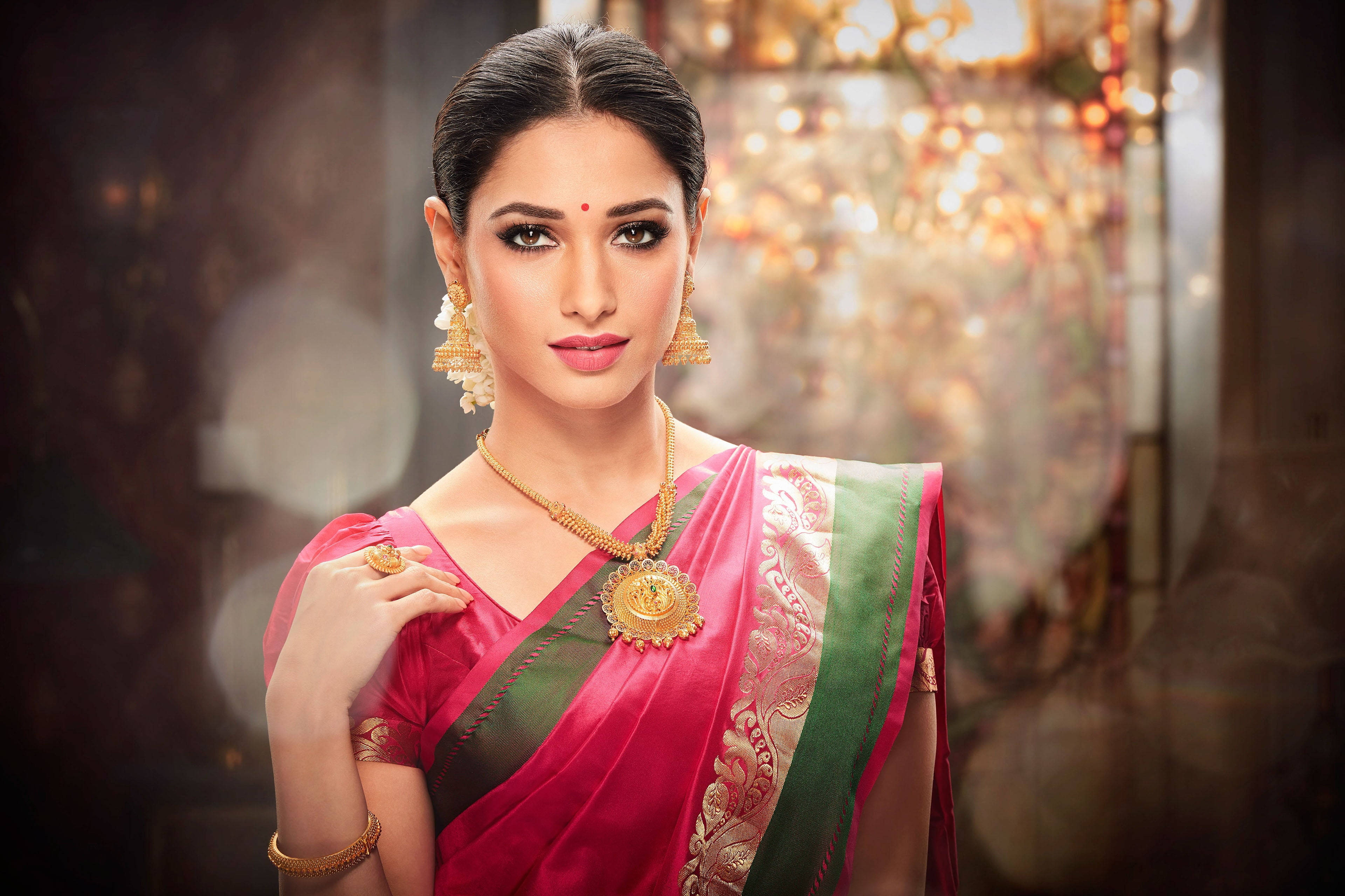Bollywood 桌布 壁紙 — 一位優雅的女士穿著鮮豔的粉紅色和綠色紗麗，飾有金色珠寶，在柔和模糊的華麗背景下自信地凝視。