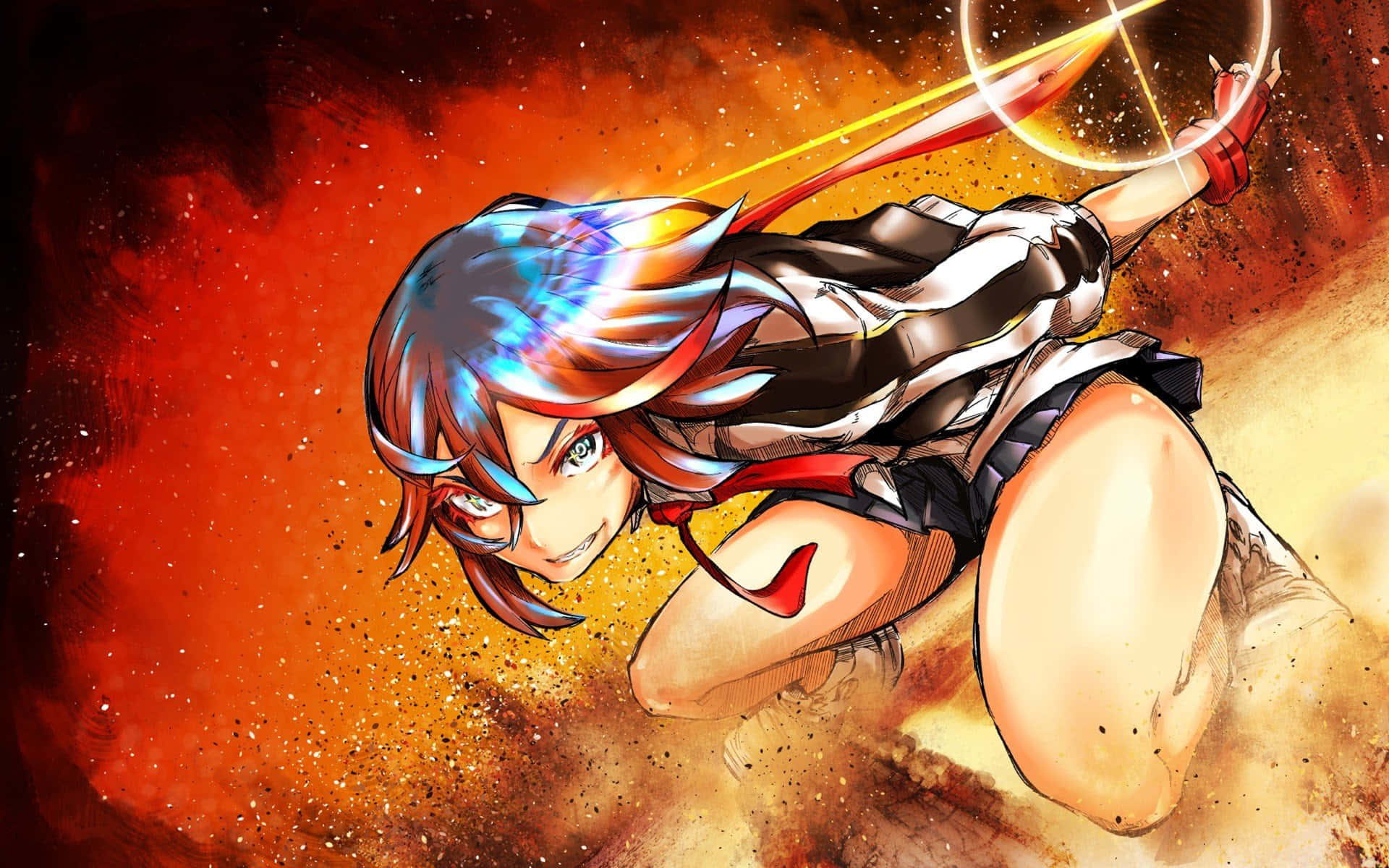 Kill La Kill Senketsu 桌布 壁紙 — 一位充滿動感的動漫女孩，擁有藍色和紅色頭髮，在熾熱的橙色空間中跳躍，揮舞著發光的劍。