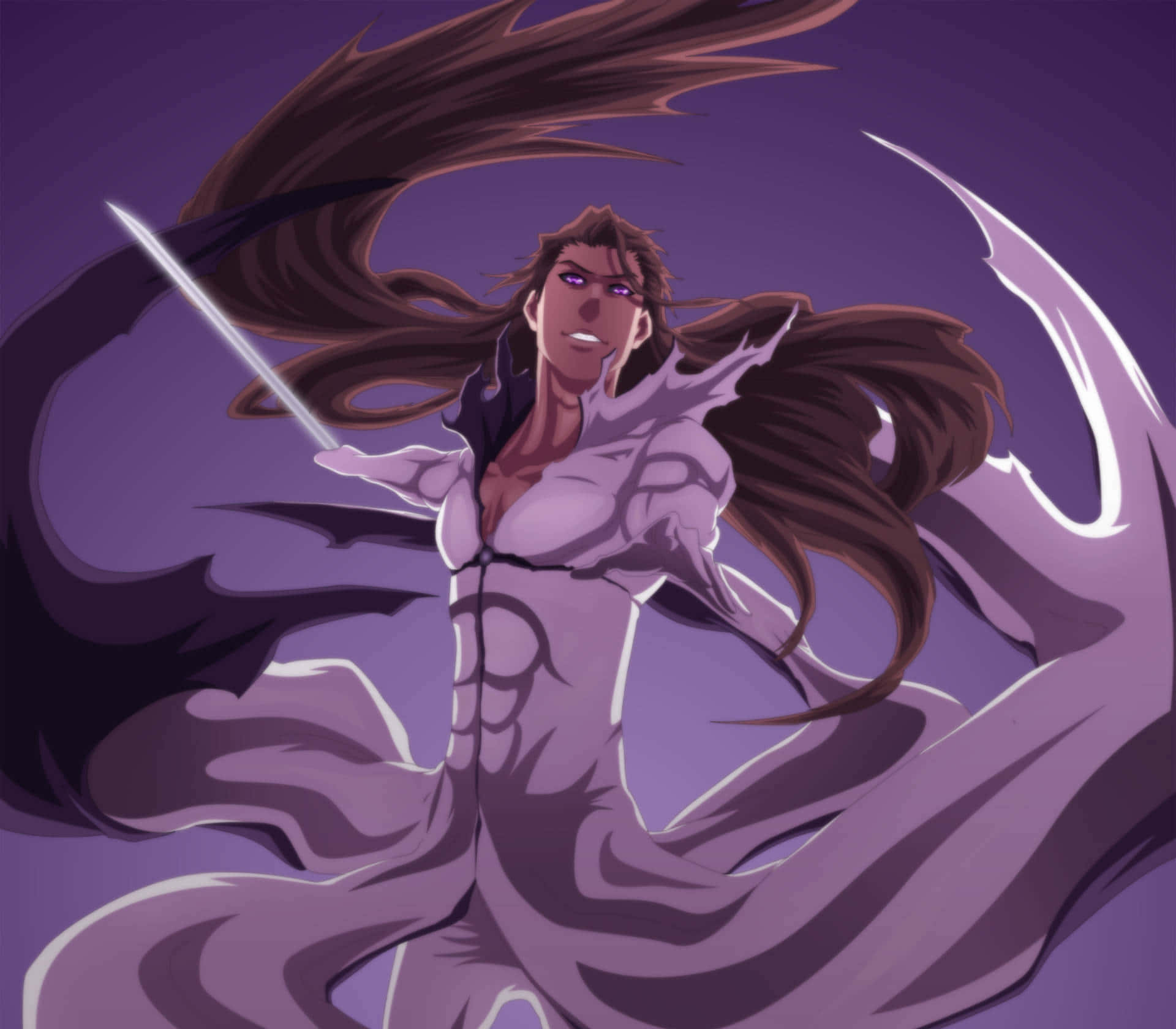 Sosuke Aizen 桌布 壁紙 — 一位充滿動感的動漫戰士，擁有長長的棕色頭髮和紫色眼睛，在旋轉的紫色背景下揮舞著發光的劍。
