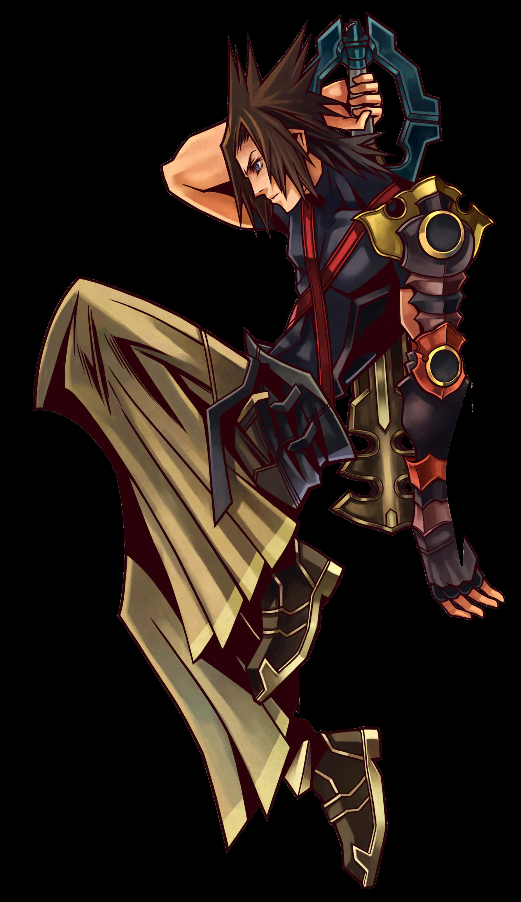 Kingdom Hearts Terra 桌布 壁紙 — 一位充滿動感的動漫戰士，有著刺刺的棕色頭髮，在純黑背景前揮舞著一把巨大的鑰刃。