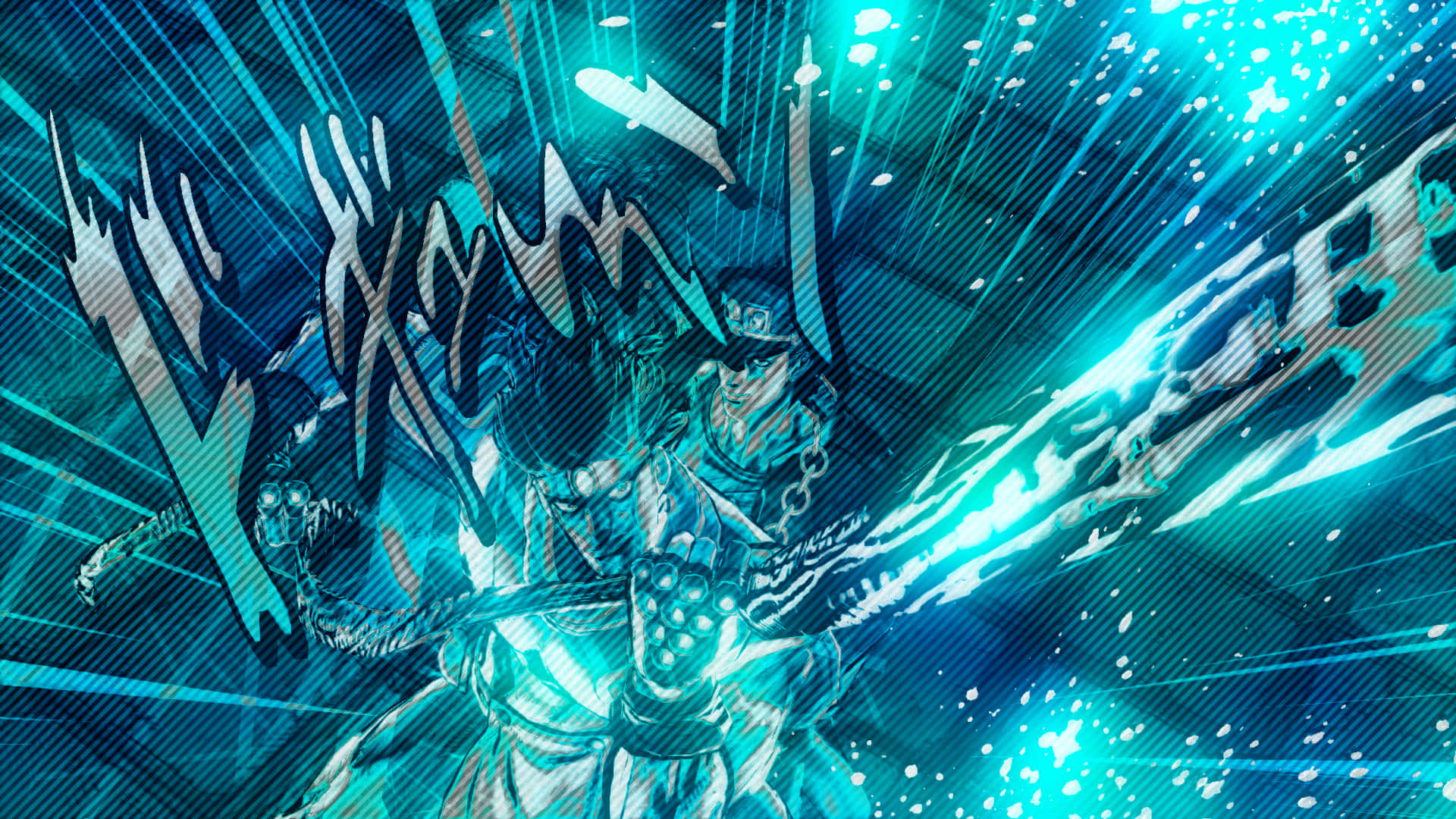 Jotaro Kujo 桌布 壁紙 — 一位充滿動感的動漫戰士在帶有條紋的宇宙背景下釋放出發光的藍色能量爆炸。