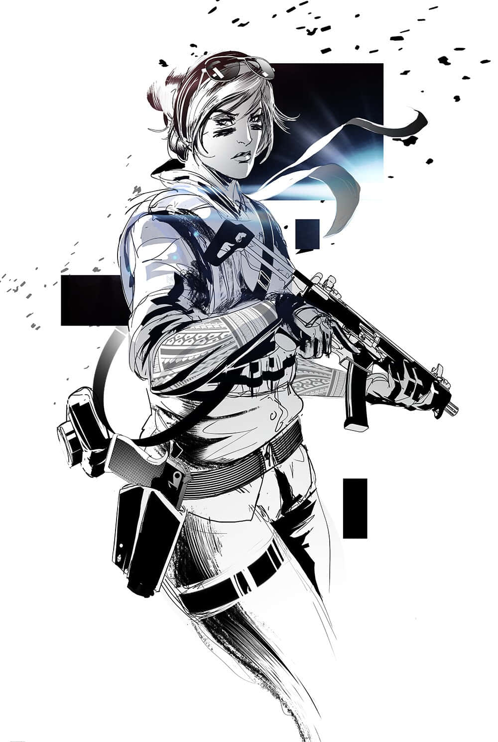 Rainbow Six Siege Valkyrie 桌布 壁紙 — 一位充滿動感的動漫風格女兵，以單色調呈現，在簡潔背景下手持步槍，神情堅定。