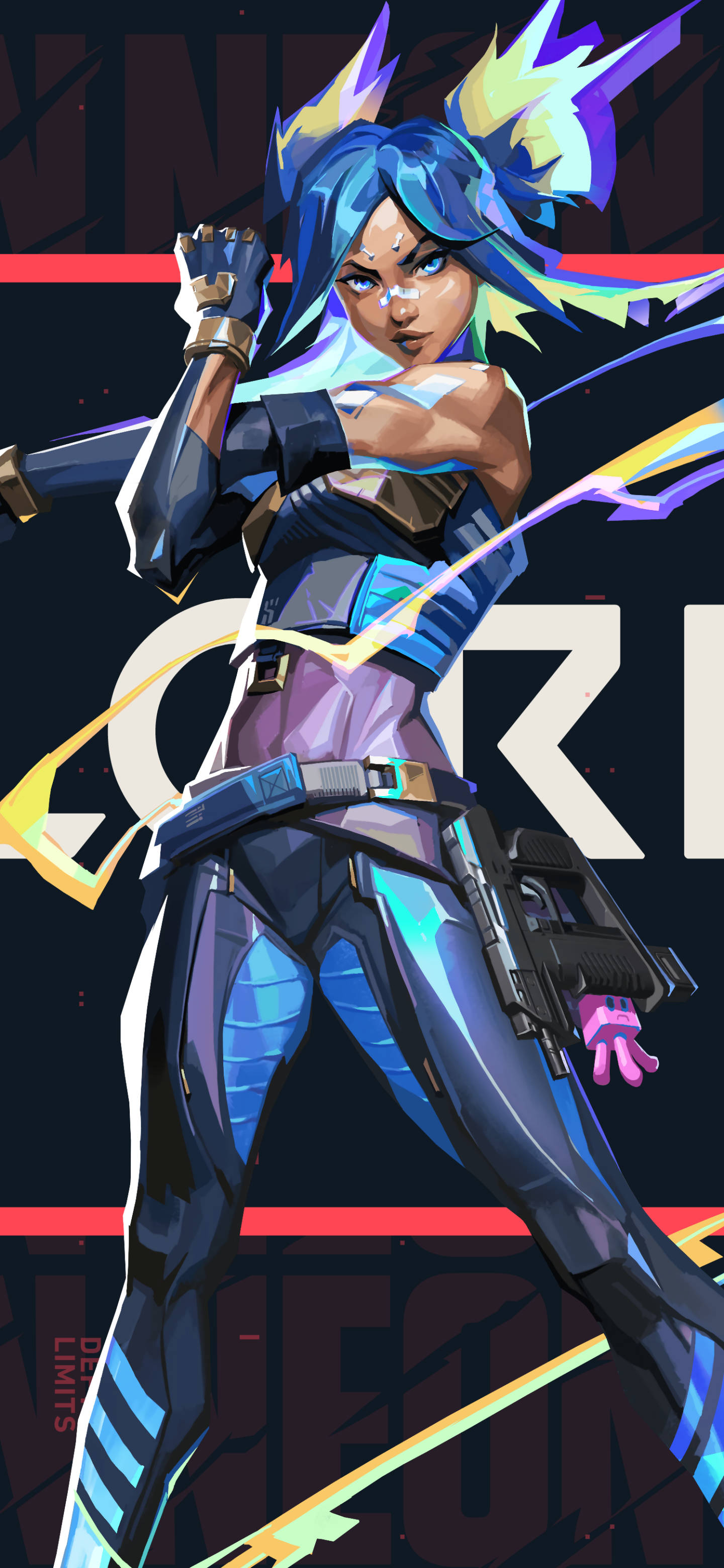 4K gaming phone 桌布 壁紙 — 一位充滿動感的動漫風格女戰士，擁有藍色頭髮和發光能量效果，自信地穿著未來主義盔甲擺姿勢。