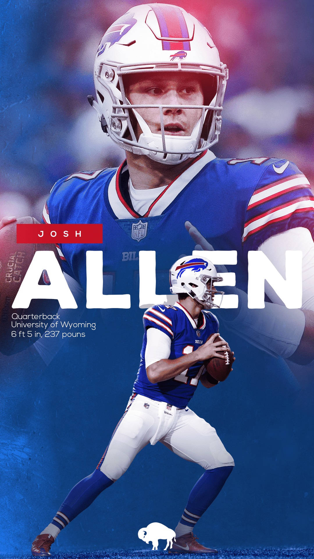 Josh Allen NFL Buffalo Bills 壁紙 — 一位充滿活力的NFL四分衛身穿藍白球衣，準備在鮮豔的藍色背景下擲出美式足球。