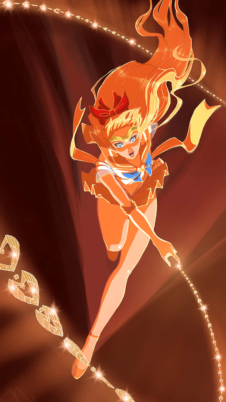 Sailor Venus 桌布 壁紙 — 一位充滿活力的動漫女主角，擁有火橙色頭髮和發光的鎖鏈武器，跳過溫暖的金色聚光燈。
