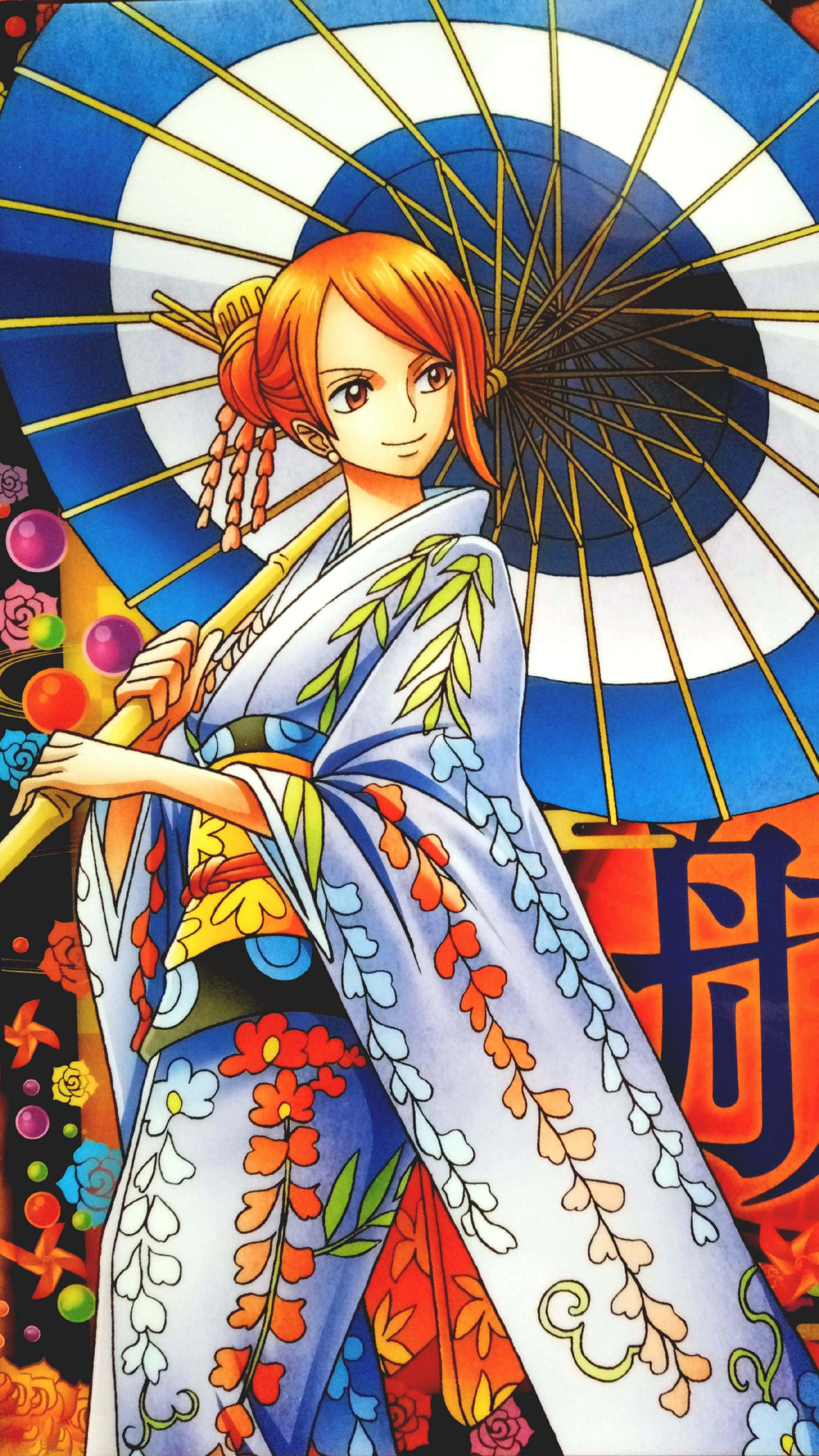 Wano Country 桌布 壁紙 — 一位充滿活力的動漫女孩，橙色頭髮，手持藍白相間的陽傘，身穿花卉和服，背景是色彩繽紛的抽象圖案。