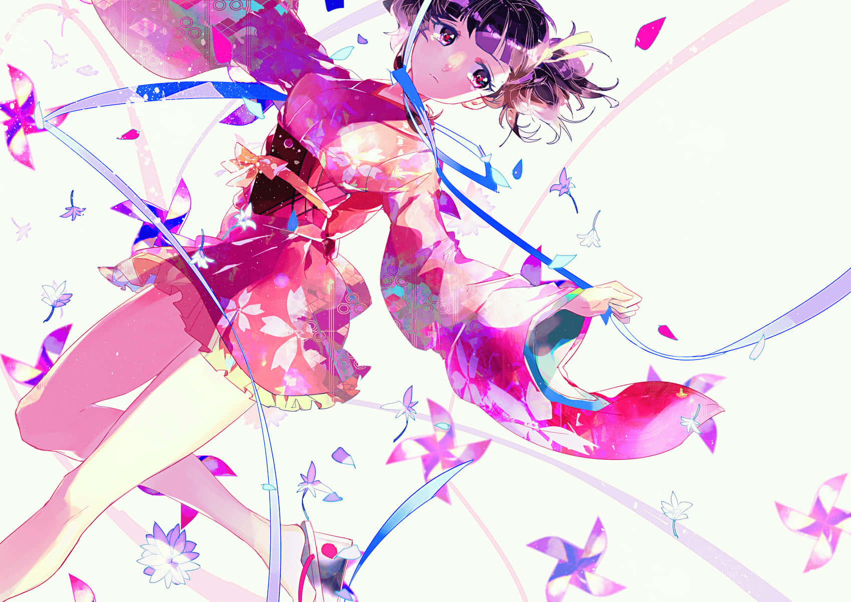 Kabaneri Of The Iron Fortress 桌布 壁紙 — 一位充滿活力的動漫女孩，身穿粉紅色花卉和服，在旋轉的風車和花瓣中跳舞，背景是柔和的粉彩。