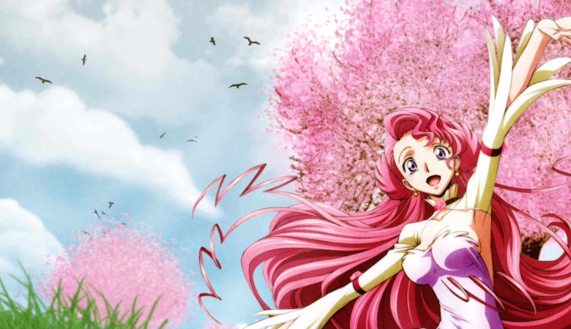 Euphemia Li Britannia 桌布 壁紙 — 一位充滿活力的動漫女孩，飄逸的粉紅色頭髮，在盛開的櫻花樹下快樂地跳舞，鳥兒在明亮的藍天中翱翔。