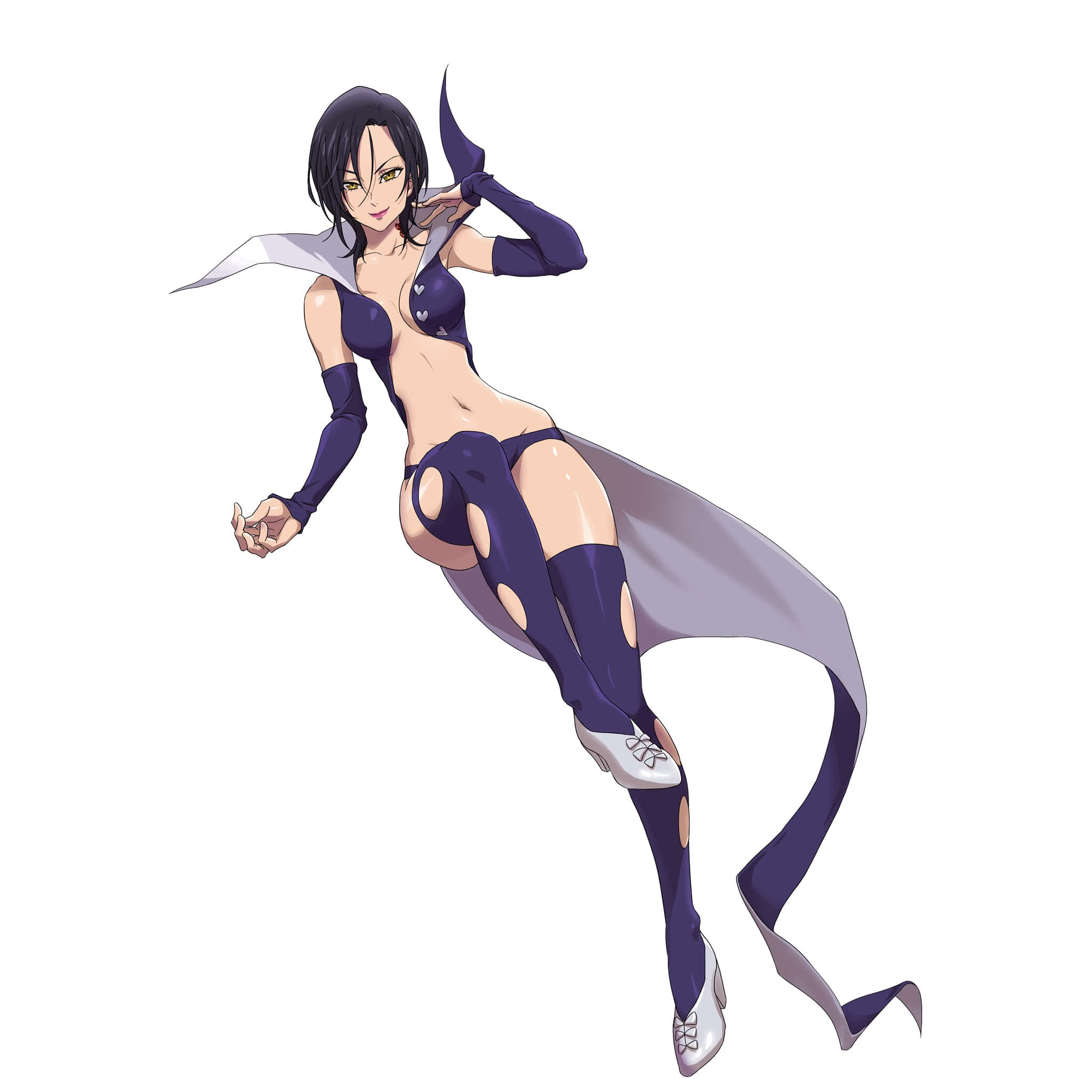 Seven Deadly Sins Merlin 桌布 壁紙 — 一位充滿活力的動漫女性，身穿紫色和白色的服裝，披風飄逸，表情自信地擺出姿勢。