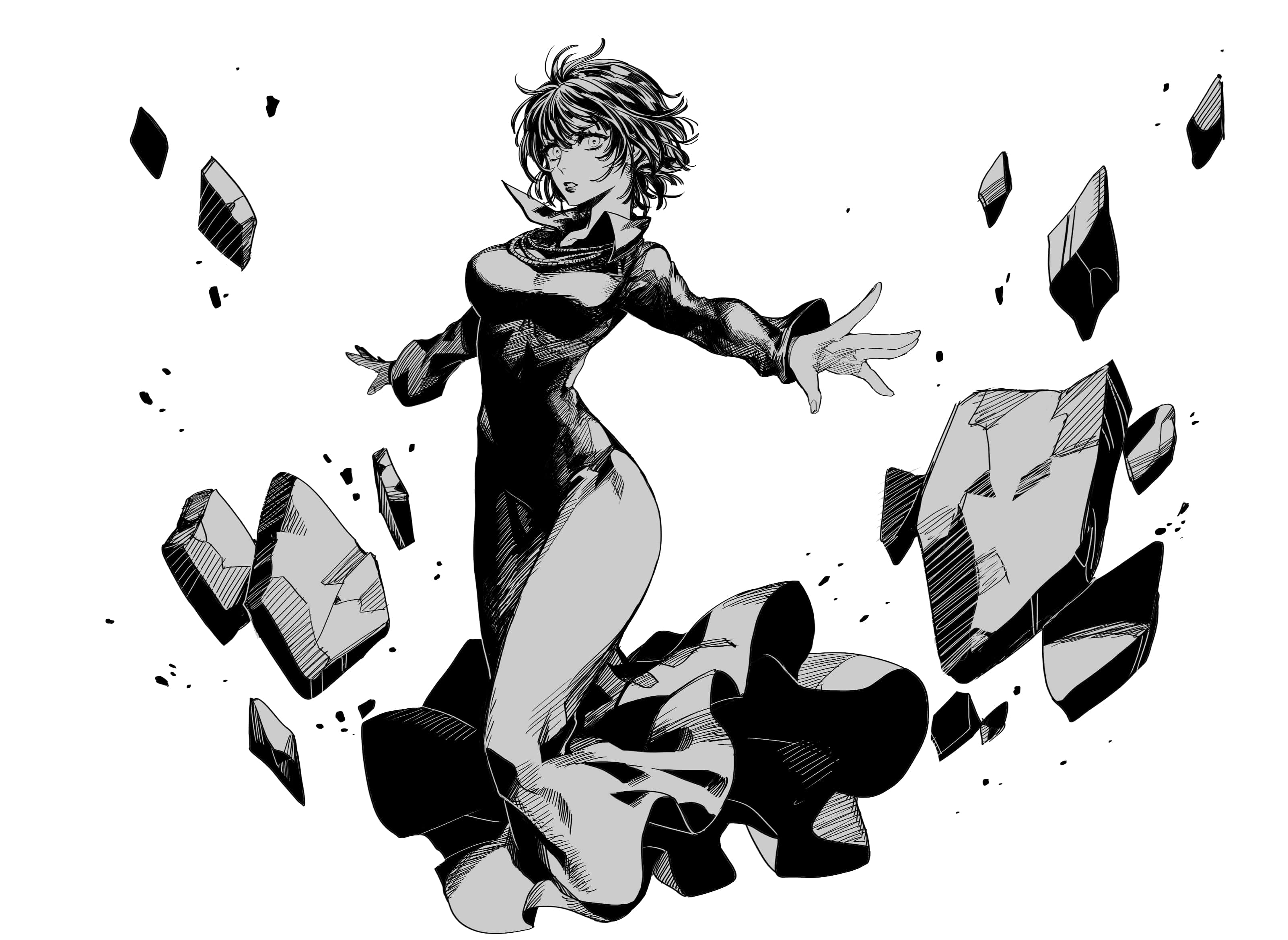 Fubuki 桌布 壁紙 — 一位充滿活力的動漫女性穿著貼身套裝，站在破碎的幾何碎片中，呈現高對比度的黑白插圖。
