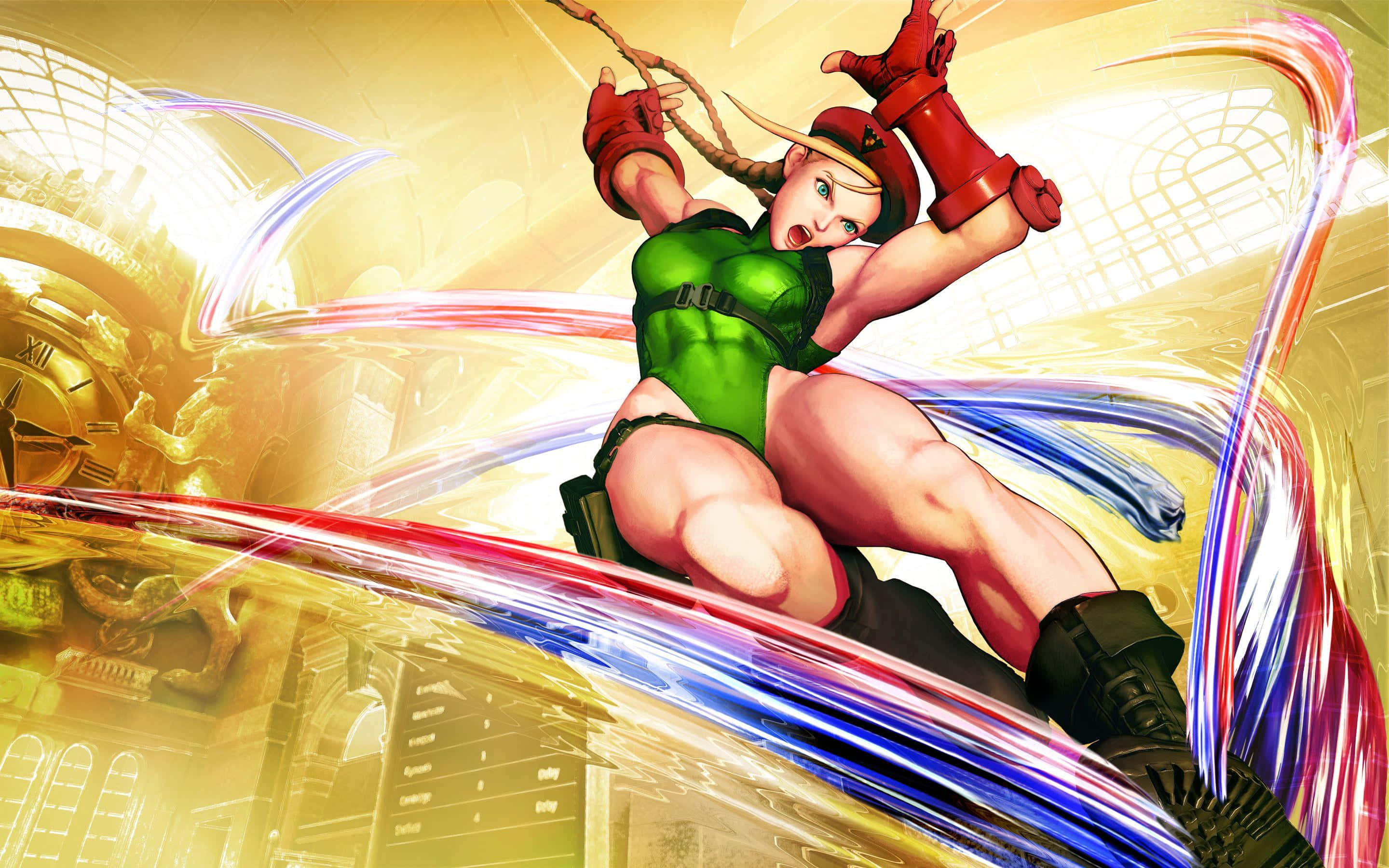 Street Fighter Characters 桌布 壁紙 — 一位充滿活力的動漫戰士，身穿綠色和紅色，跳躍穿過金色城市景觀，周圍環繞著發光的能量軌跡。